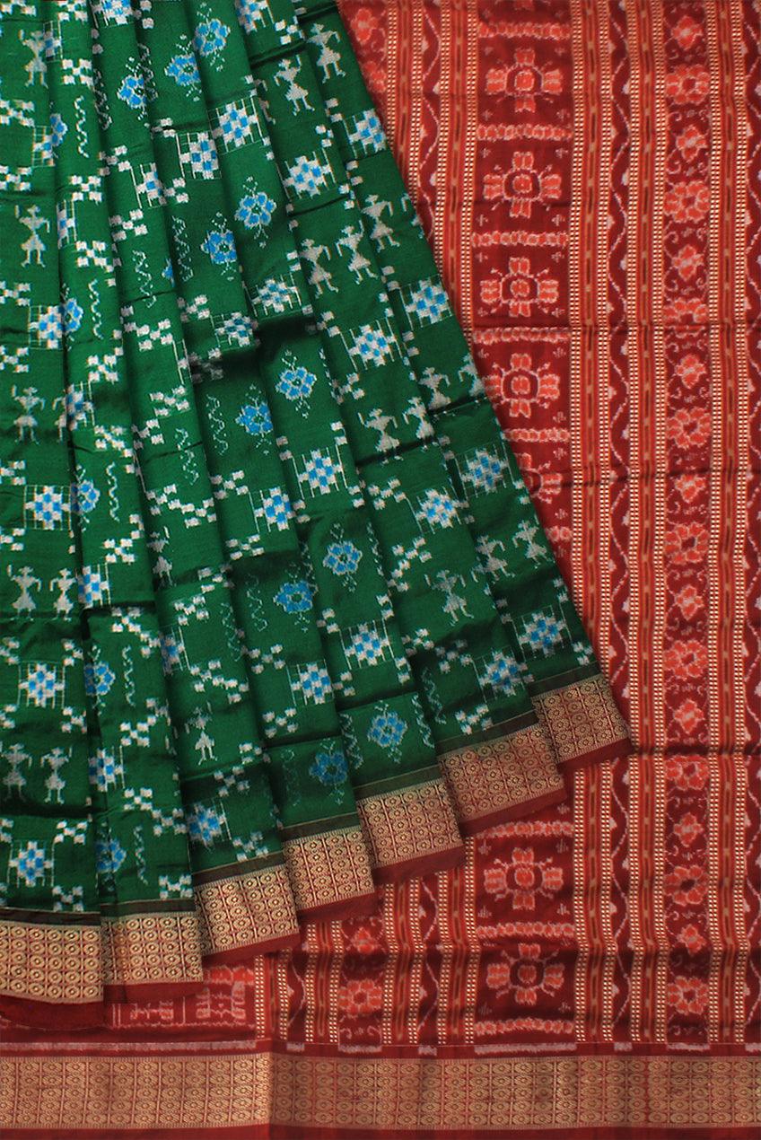 SMALL TERRACOTTA AND PASAPALI PATTERN PURE SILK SAREE IN DEEP GREEN AND RED COLOR , ATTACHED WITH BLOUSE PIECE. - Koshali Arts & Crafts Enterprise