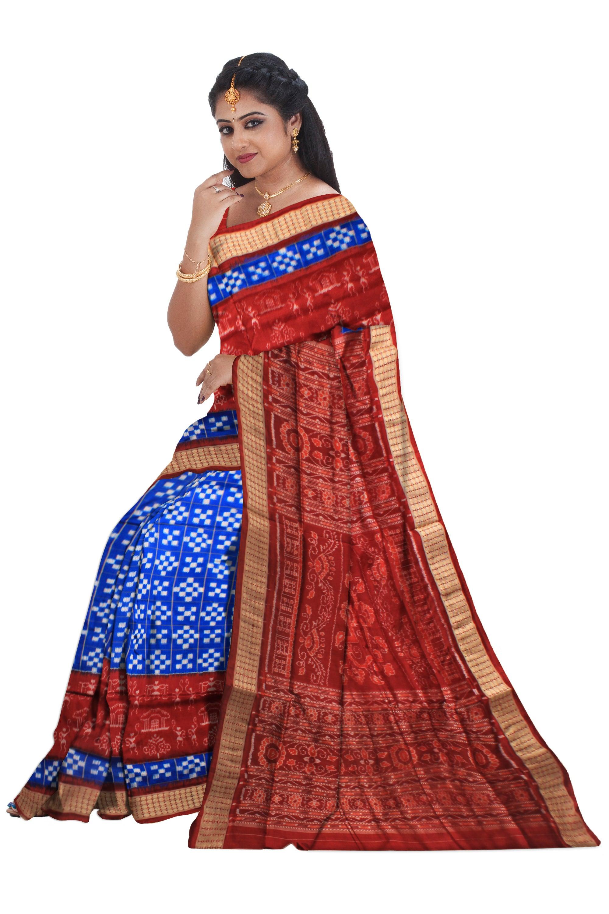 HANDWOVEN BLUE  AND MAROON COLOR VILLAGE THEME AND TRIBAL MOTIFS PASAPALI SILK SAREE WITH BLOUSE PIECE. - Koshali Arts & Crafts Enterprise