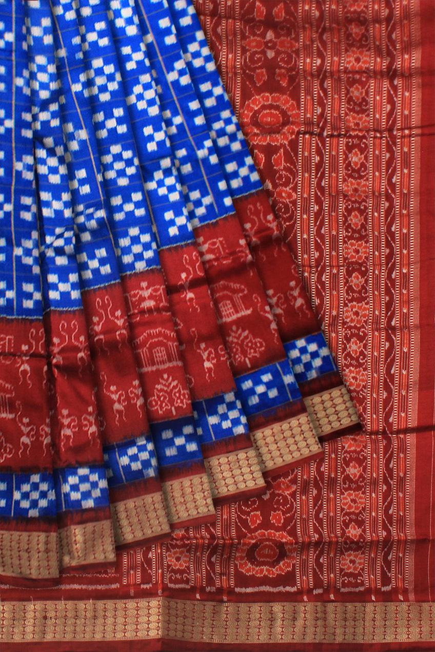 HANDWOVEN BLUE  AND MAROON COLOR VILLAGE THEME AND TRIBAL MOTIFS PASAPALI SILK SAREE WITH BLOUSE PIECE. - Koshali Arts & Crafts Enterprise