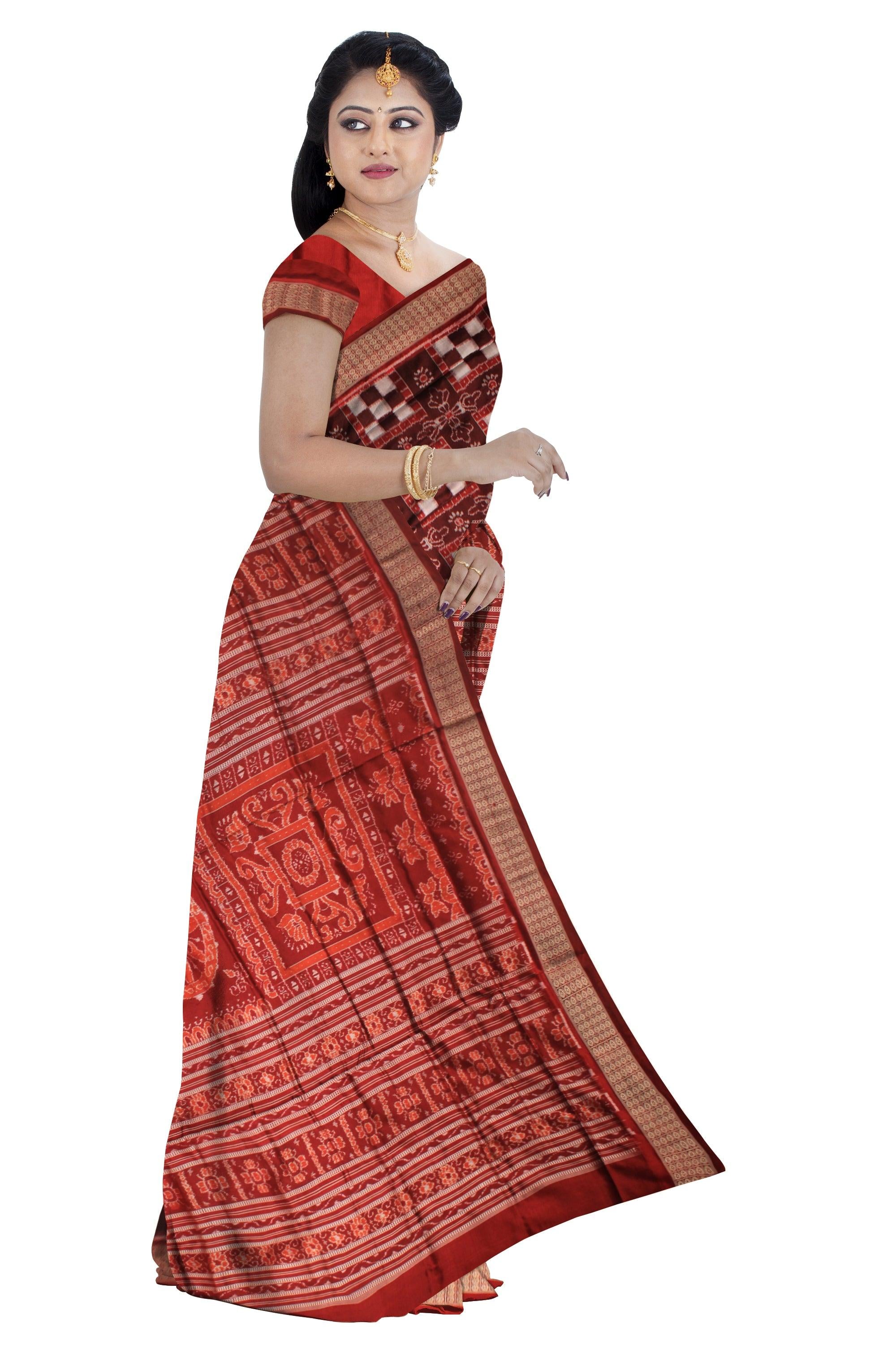 SAMBALPURI PASAPALI DESIGN PATA SAREE IN MAROON AND WHITE COLOR, WITH BLOUSE PIECE. - Koshali Arts & Crafts Enterprise