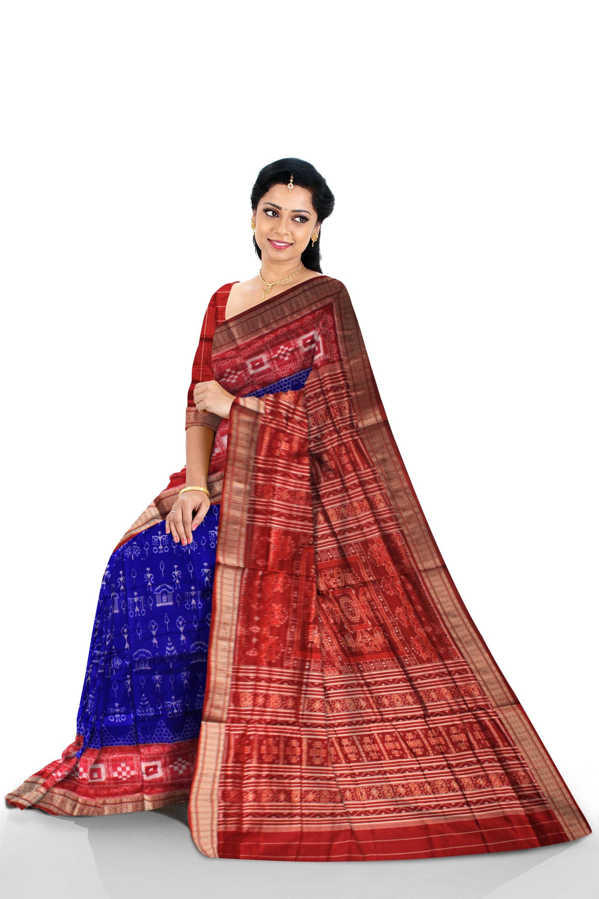 PASAPALI WITH TERRACOTTA PATTERN  PURE PATA SAREE  IN DEEP BLUE AND RED COLOR, COMES WITH BLOUSE PIECE. - Koshali Arts & Crafts Enterprise