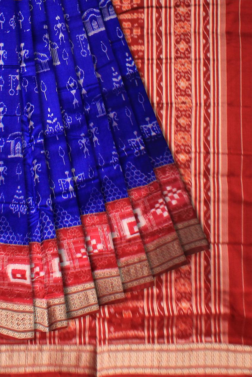 PASAPALI WITH TERRACOTTA PATTERN  PURE PATA SAREE  IN DEEP BLUE AND RED COLOR, COMES WITH BLOUSE PIECE. - Koshali Arts & Crafts Enterprise