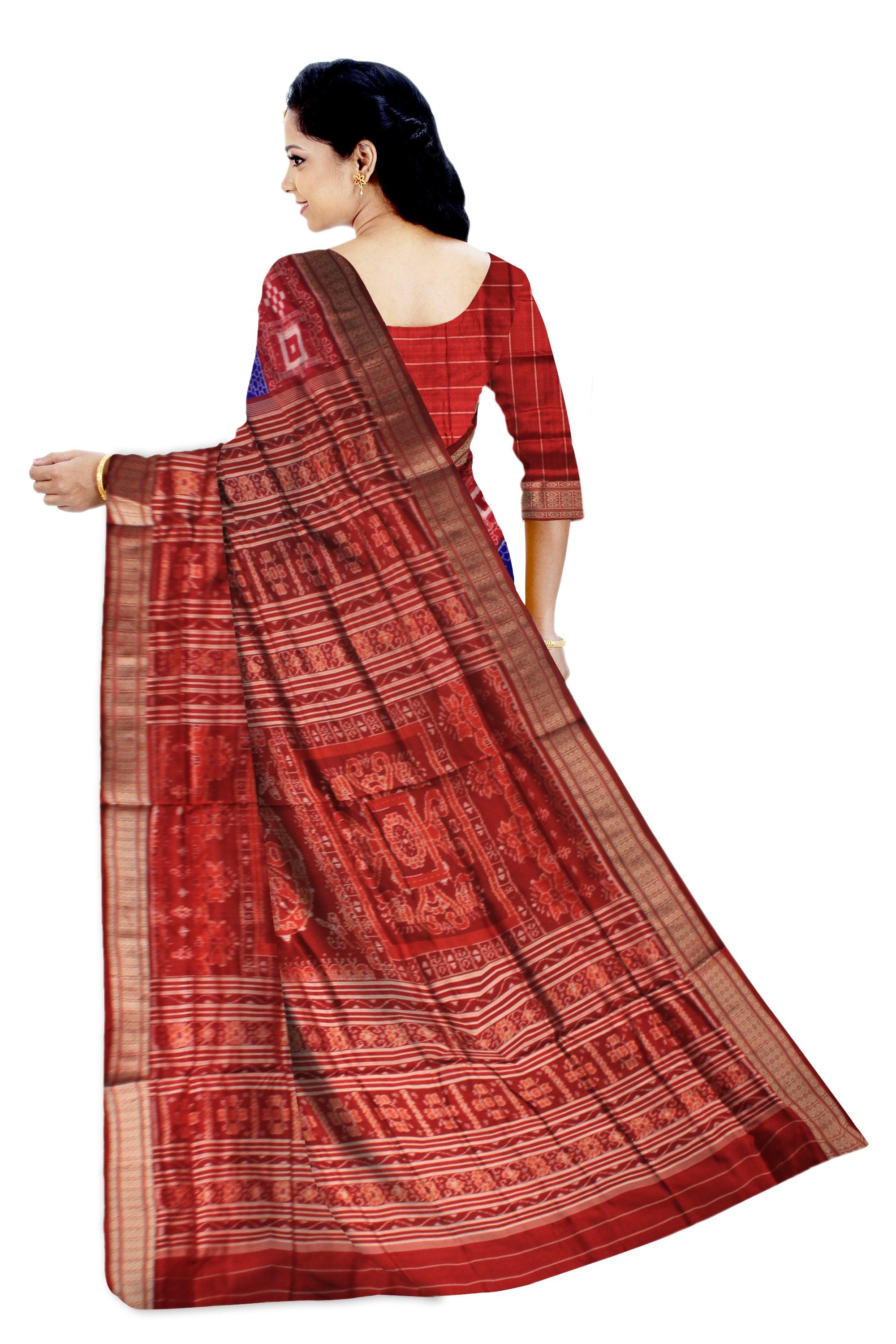 PASAPALI WITH TERRACOTTA PATTERN  PURE PATA SAREE  IN DEEP BLUE AND RED COLOR, COMES WITH BLOUSE PIECE. - Koshali Arts & Crafts Enterprise