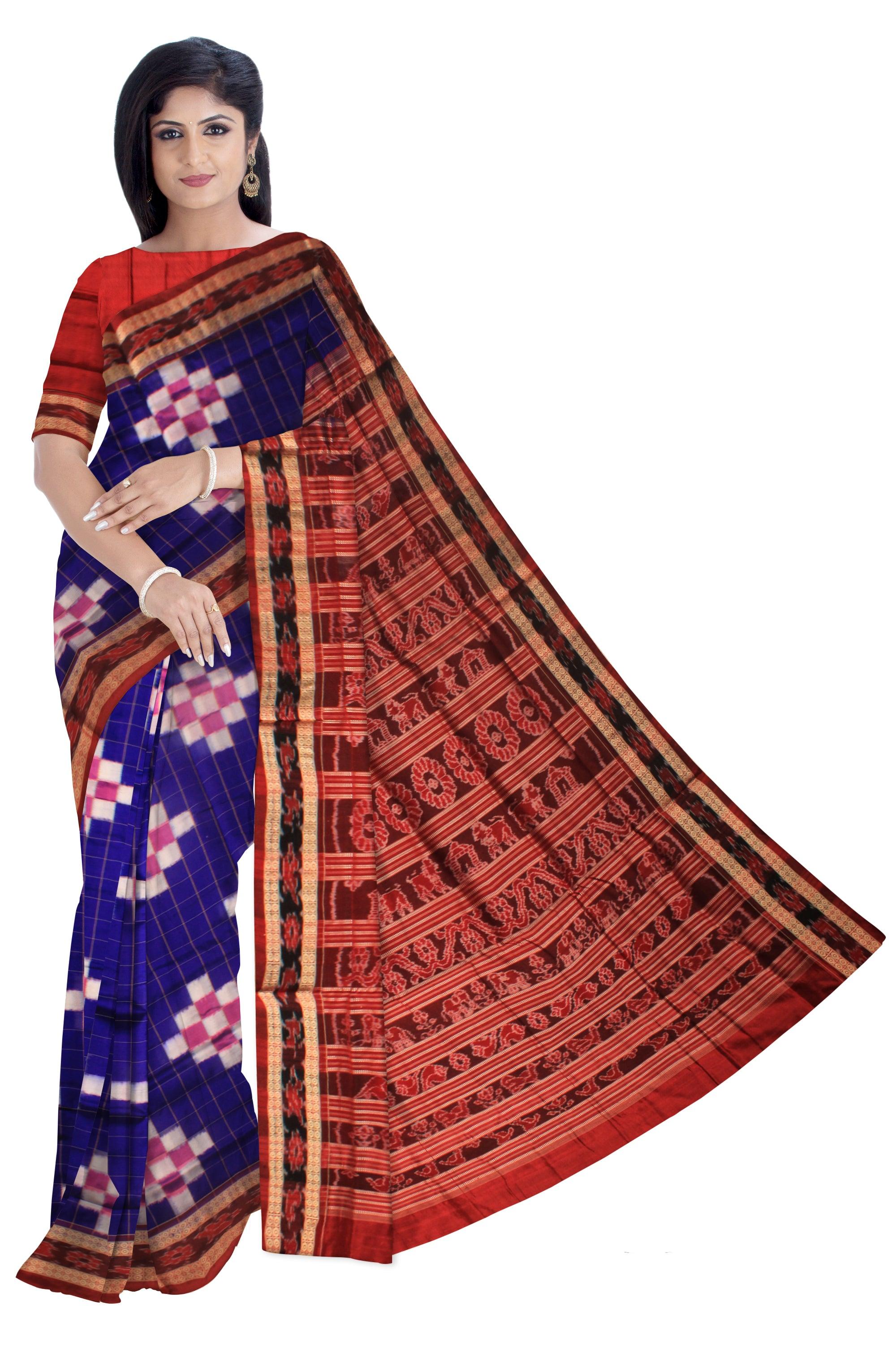 BLUE, RED AND WHITE COLOR BIG PASAPALI DESIGN PATA SAREE, ATTACHED WITH BLOUSE PIECE. - Koshali Arts & Crafts Enterprise