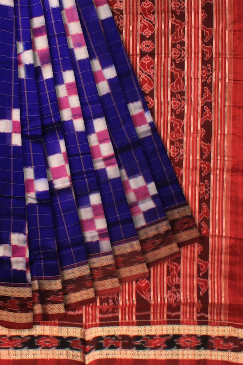 BLUE, RED AND WHITE COLOR BIG PASAPALI DESIGN PATA SAREE, ATTACHED WITH BLOUSE PIECE. - Koshali Arts & Crafts Enterprise