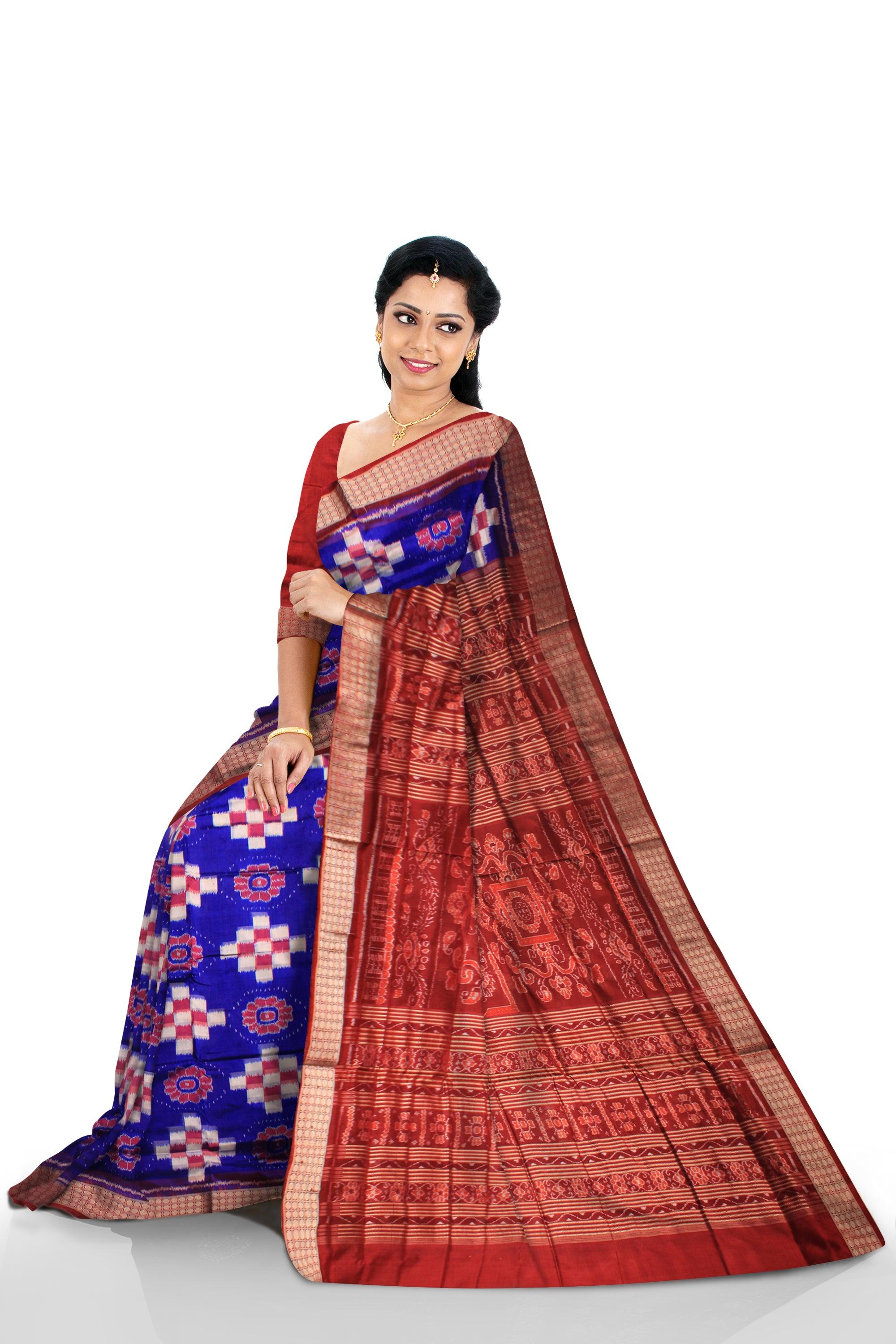 PASAPALI WITH FLOWER PATTERN PURE SILK SAREE  IN BLUE ,WHITE AND RED COLOR, WITH BLOUSE PIECE. - Koshali Arts & Crafts Enterprise