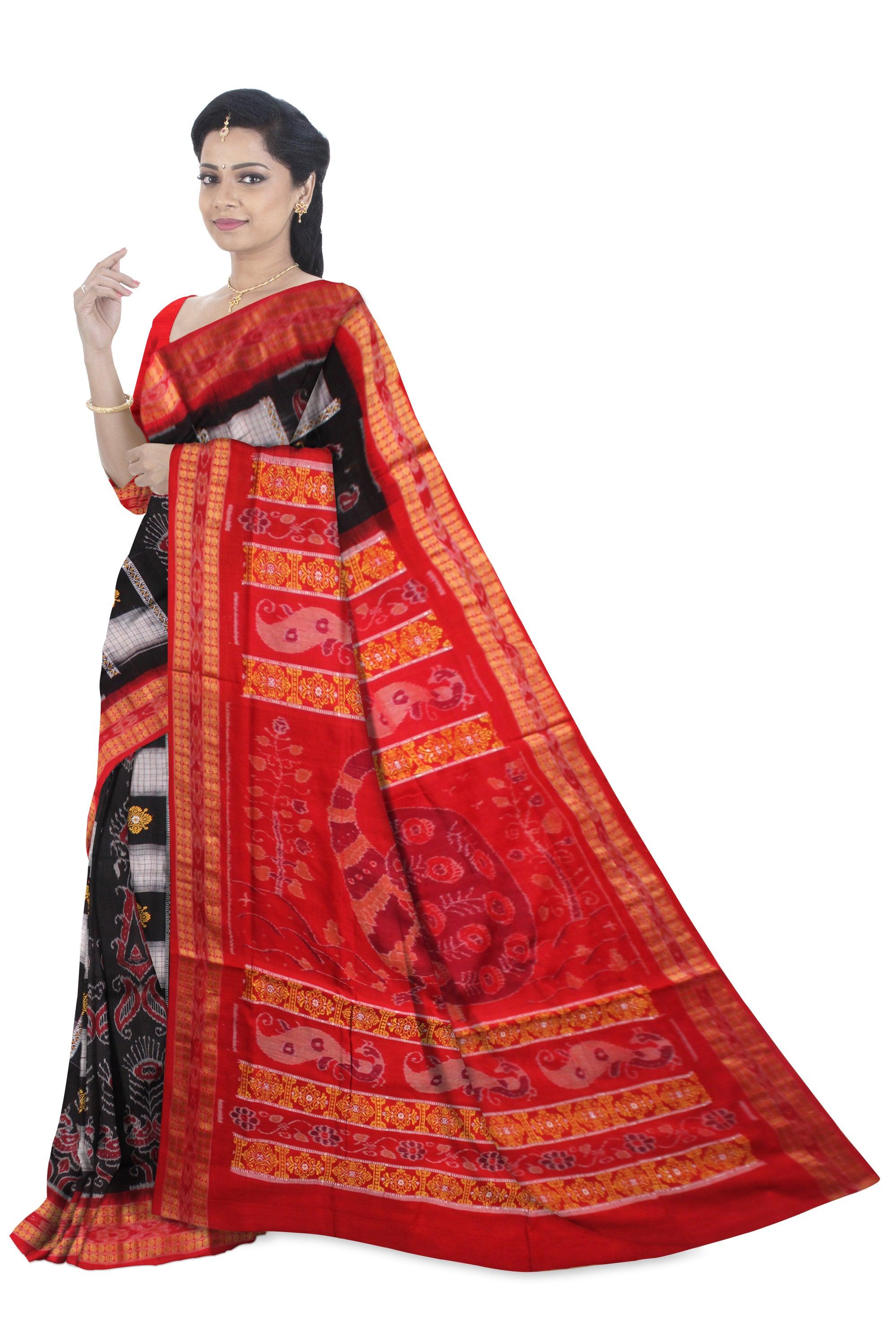 BOX PATTERN BOMKEI SAMBALPURI SAREE IN BLACK, WHITE AND RED COLOR WITH BLOUSE PIECE. - Koshali Arts & Crafts Enterprise