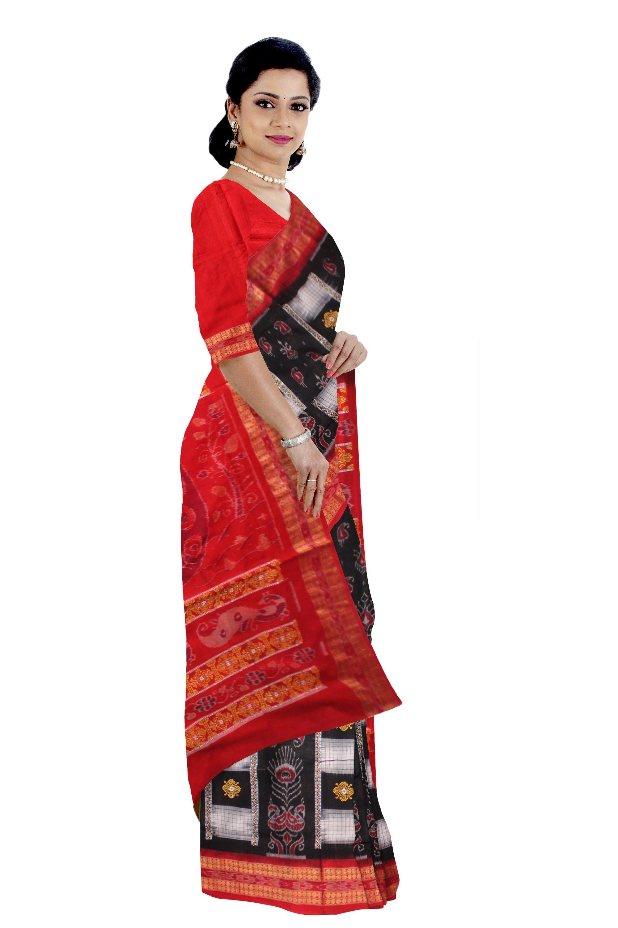 BOX PATTERN BOMKEI SAMBALPURI SAREE IN BLACK, WHITE AND RED COLOR WITH BLOUSE PIECE. - Koshali Arts & Crafts Enterprise