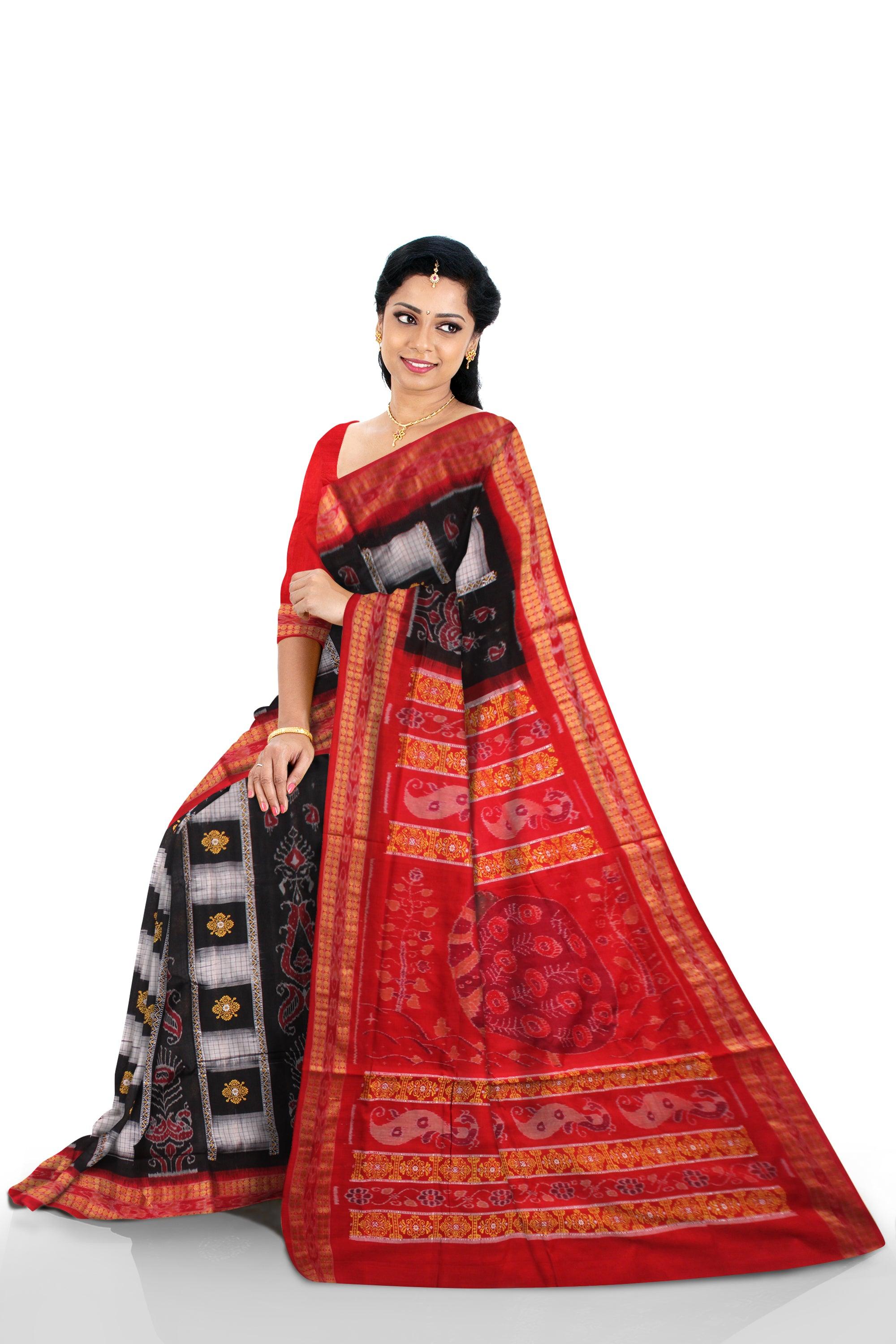 BOX PATTERN BOMKEI SAMBALPURI SAREE IN BLACK, WHITE AND RED COLOR WITH BLOUSE PIECE. - Koshali Arts & Crafts Enterprise