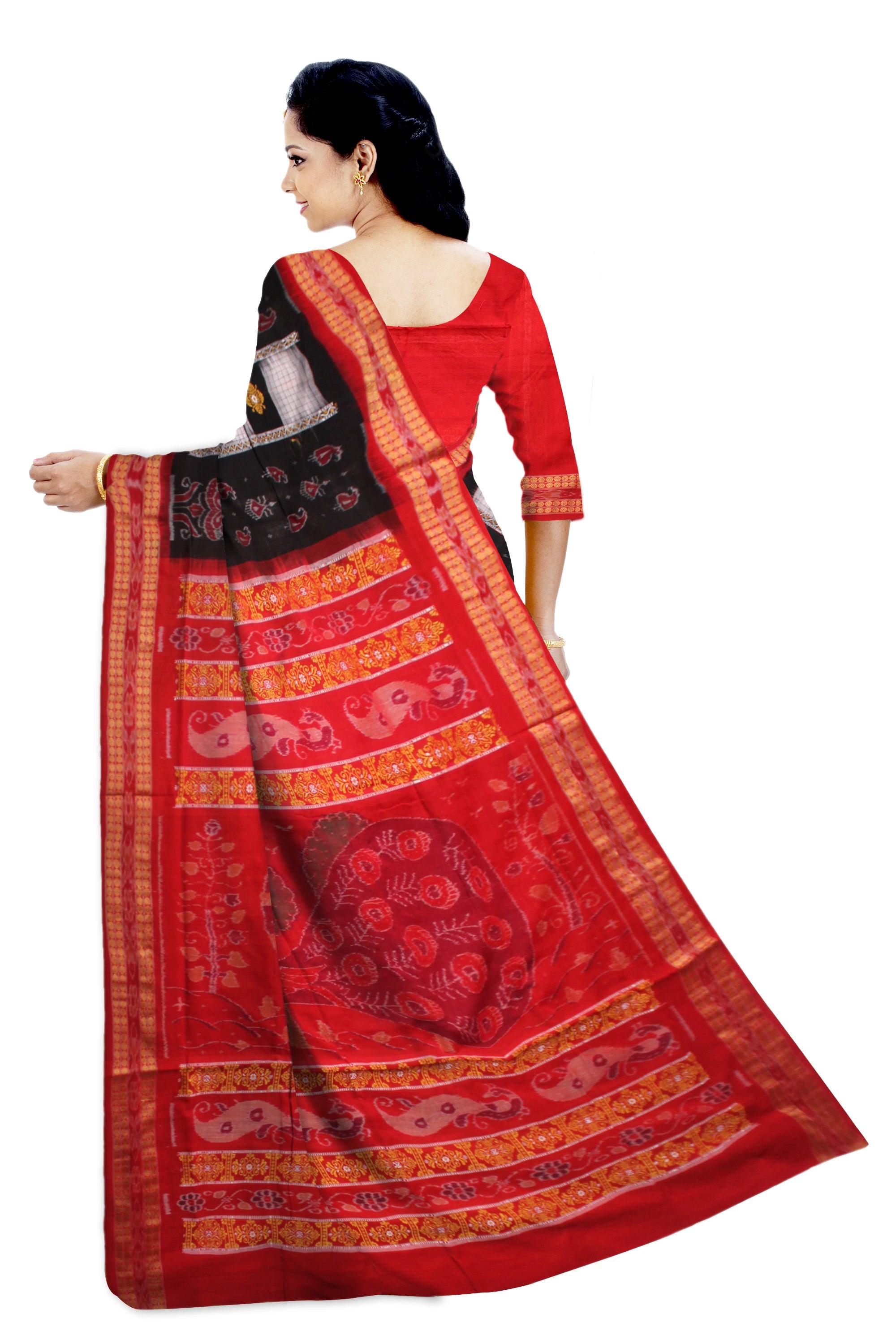 BOX PATTERN BOMKEI SAMBALPURI SAREE IN BLACK, WHITE AND RED COLOR WITH BLOUSE PIECE. - Koshali Arts & Crafts Enterprise