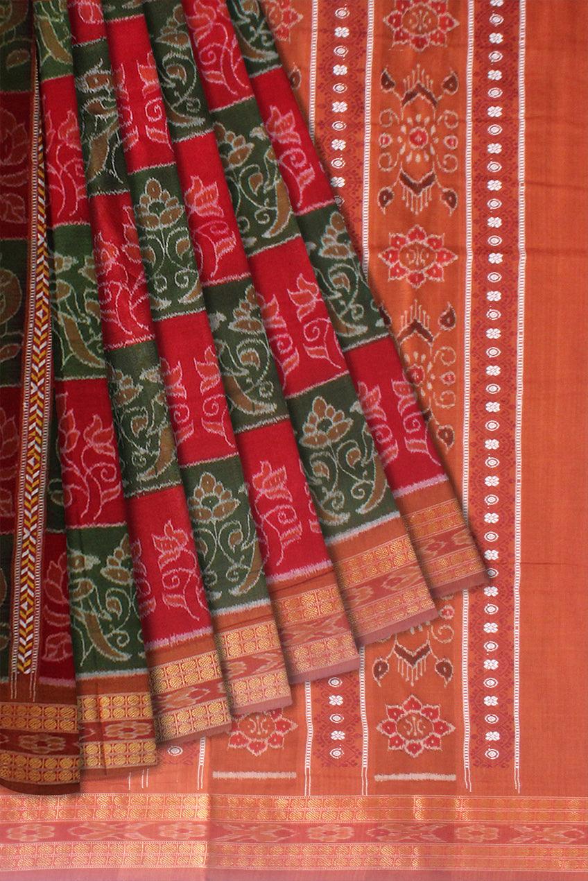 A GOOD TRADITIONAL WORK COTTON SAREE IN RED ,GREEN AND SALMON COLOUR AVAILABLE WITH BLOUSE. - Koshali Arts & Crafts Enterprise