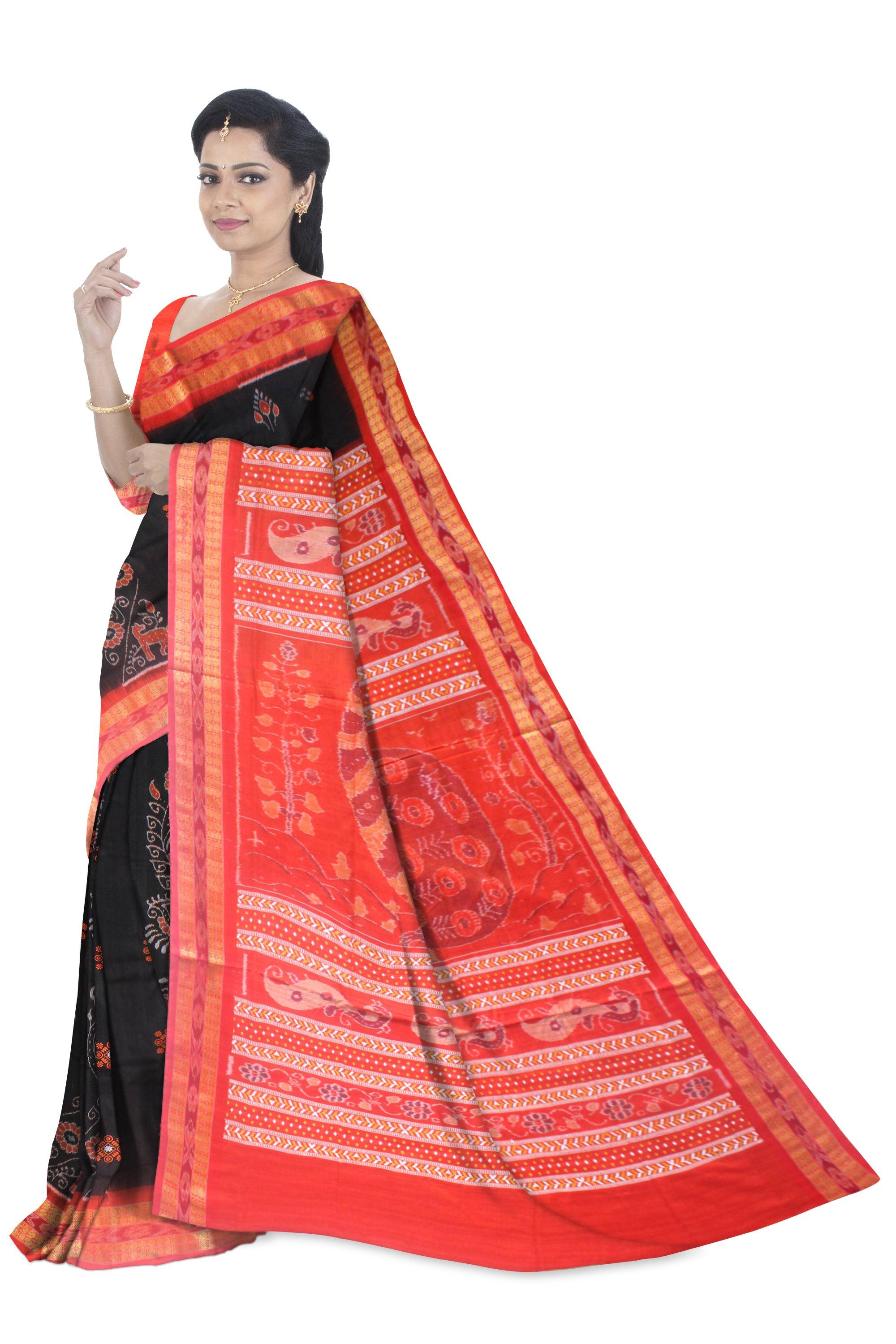 A  BEAUTIFUL COTTON SAREE IN TRADITIONAL PATTERN WITH BLACK AND RED COLOUR , AVAILABLE WITH BLOUSE PIECE. - Koshali Arts & Crafts Enterprise