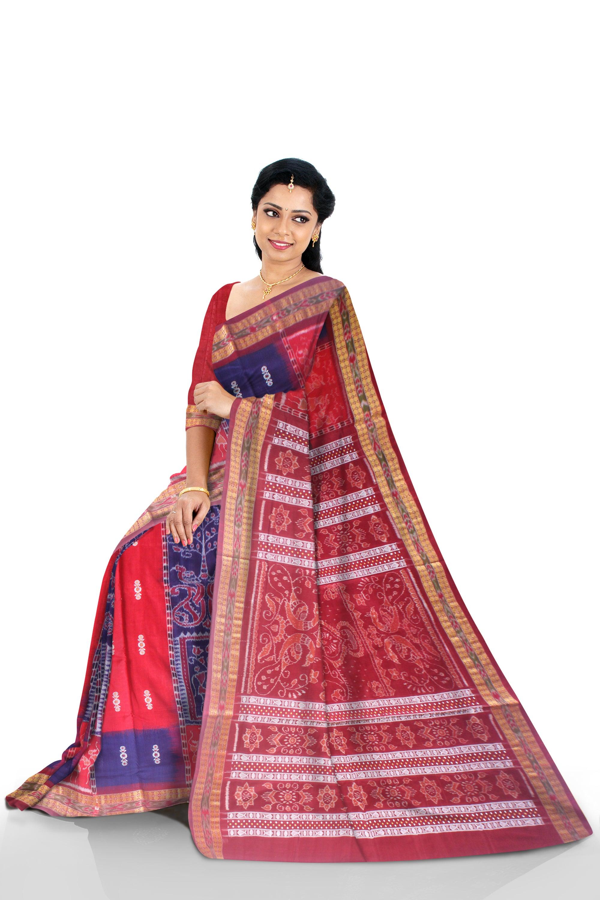 A BEAUTIFUL DESIGN  TERRACOTTA WITH TREE AND FLOWER BASED COTTON SAREE IN BLUE,RED AND MAROON AVAILABLE WITH BLOUSE . - Koshali Arts & Crafts Enterprise