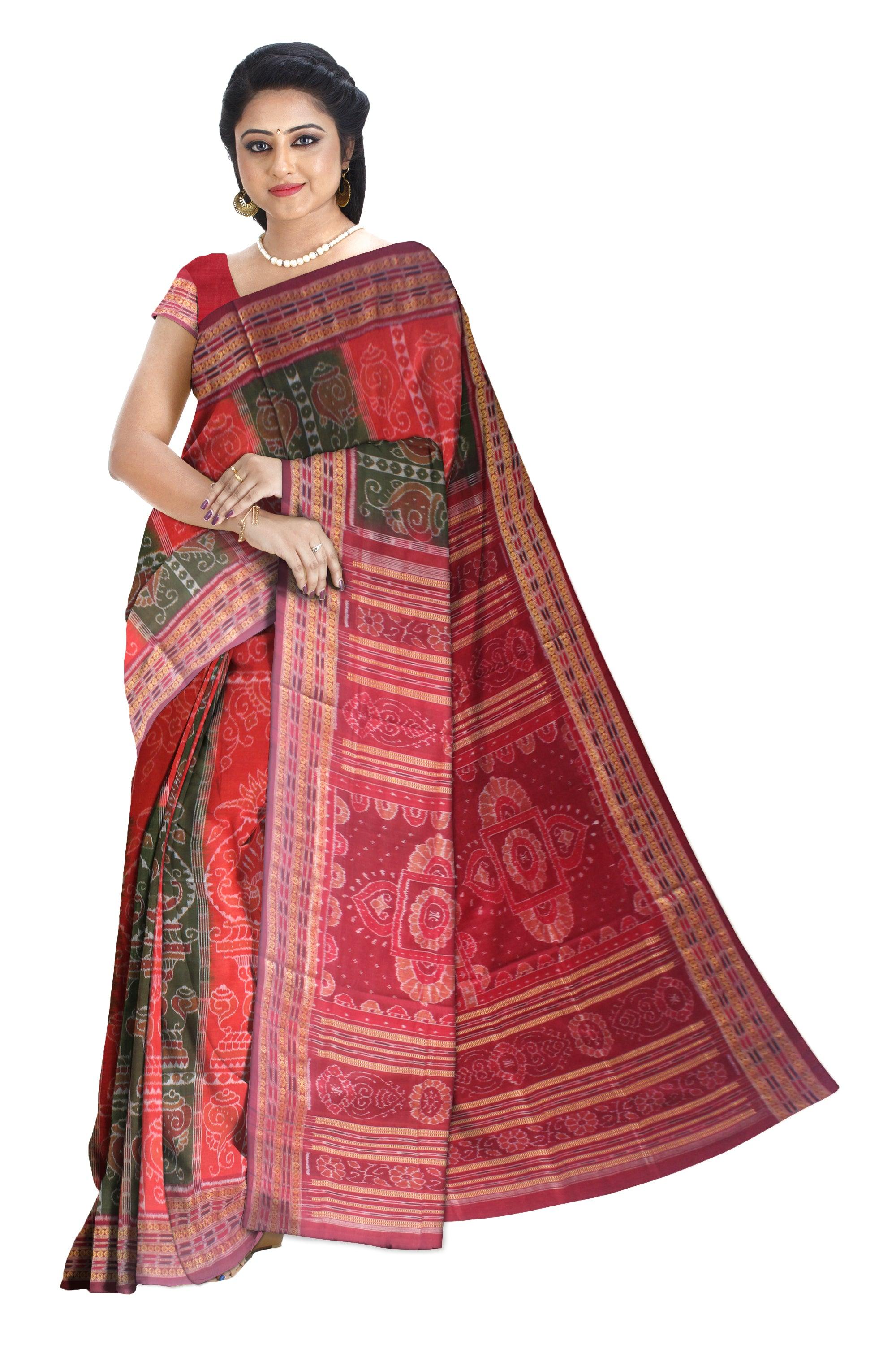 LATEST NEW TRADITIONAL SANKHA AND KALASHA  WITH PEACOCK BASE COTTON SAREE IN GREEN AND RED COLOUR AVAILABLE WITH BLOUSE. - Koshali Arts & Crafts Enterprise