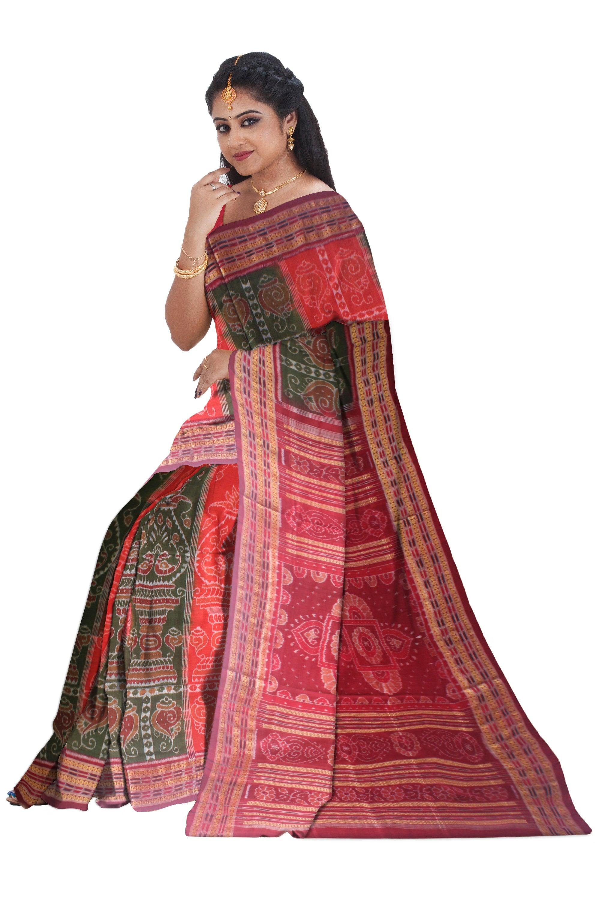 LATEST NEW TRADITIONAL SANKHA AND KALASHA  WITH PEACOCK BASE COTTON SAREE IN GREEN AND RED COLOUR AVAILABLE WITH BLOUSE. - Koshali Arts & Crafts Enterprise