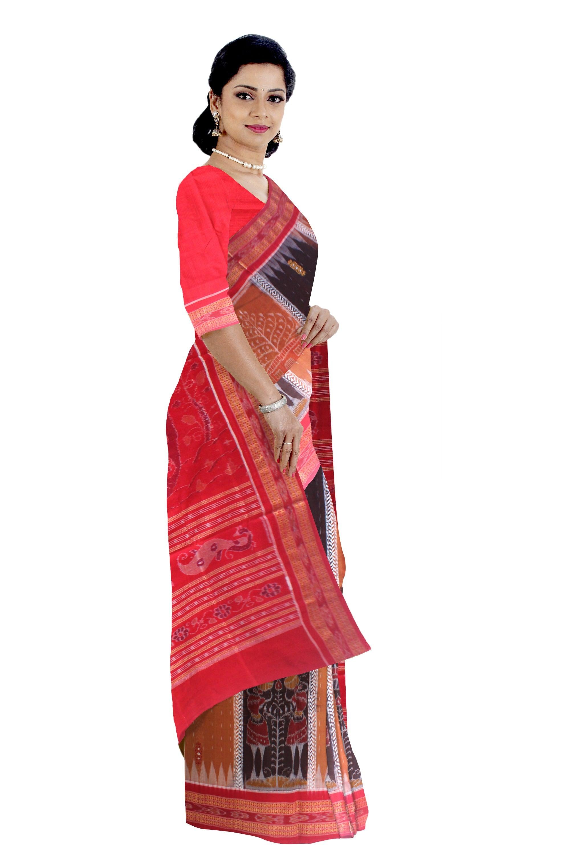 NEW BOMKEI SAMBALPURI COTTON SAREE IN YELLOW,BLACK AND RED AVAILABLE WITH BLOUSE. - Koshali Arts & Crafts Enterprise