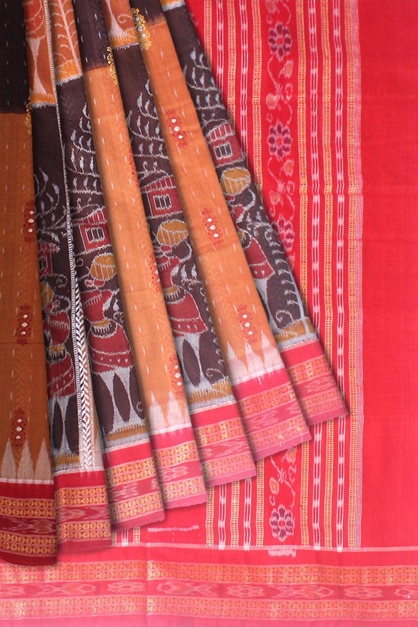 NEW BOMKEI SAMBALPURI COTTON SAREE IN YELLOW,BLACK AND RED AVAILABLE WITH BLOUSE. - Koshali Arts & Crafts Enterprise