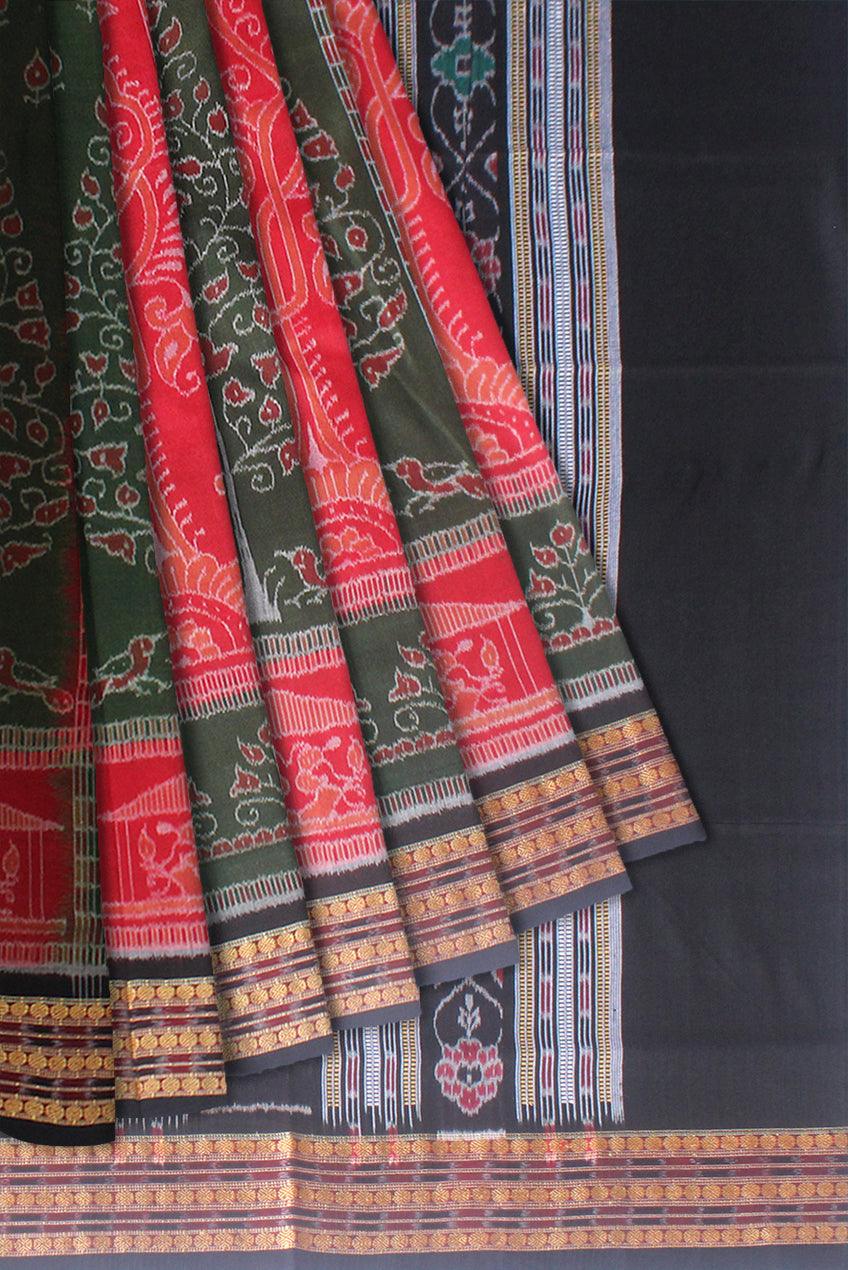 NEW  TERRACOTTA  PEACOCK AND TREE DESIGN SAMBALPURI COTTON SAREE IN RED,GREEN AND BLACK COLOR, AVAILABLE WITH BLOUSE PIECE. - Koshali Arts & Crafts Enterprise