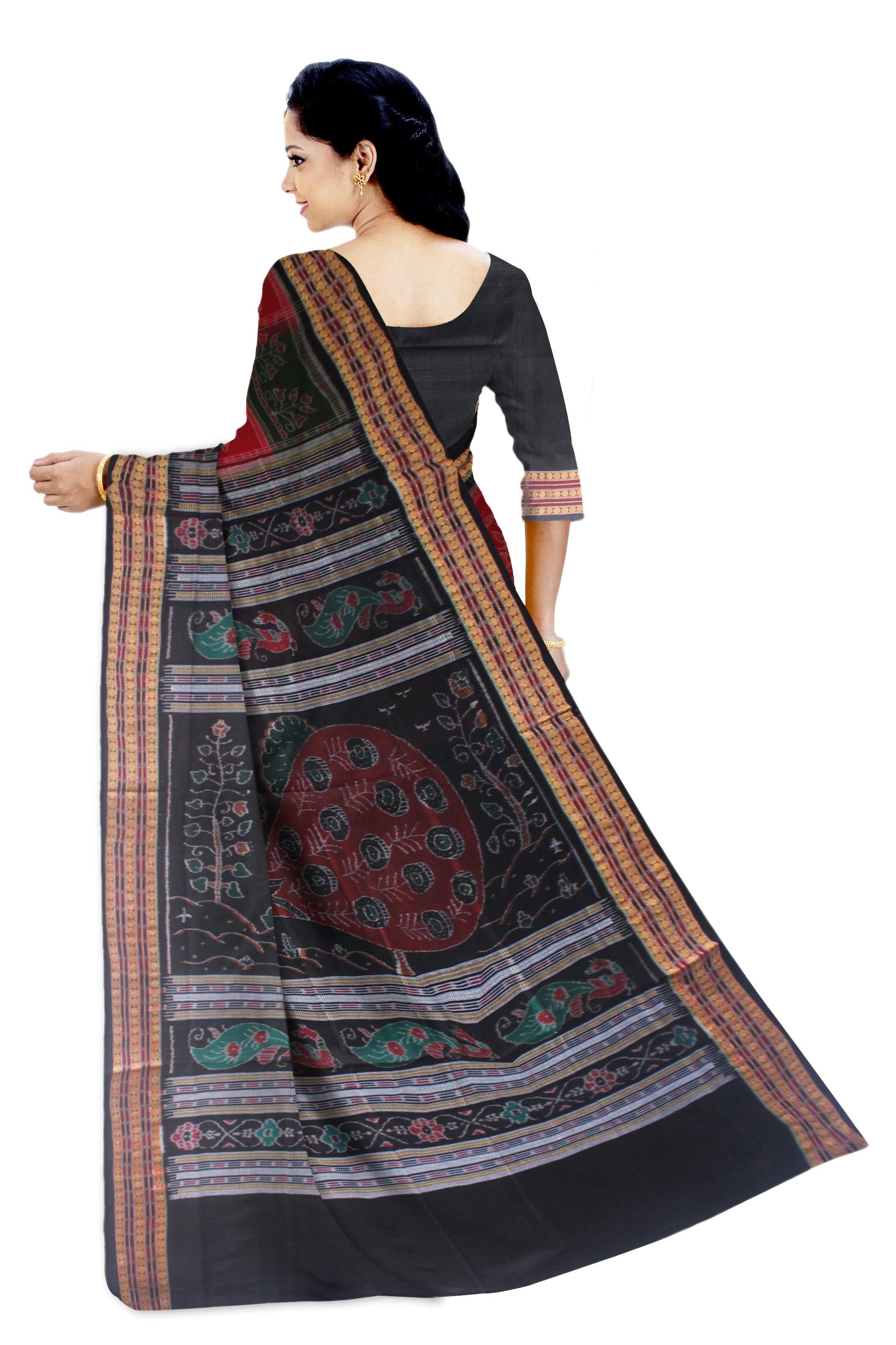 NEW  TERRACOTTA  PEACOCK AND TREE DESIGN SAMBALPURI COTTON SAREE IN RED,GREEN AND BLACK COLOR, AVAILABLE WITH BLOUSE PIECE. - Koshali Arts & Crafts Enterprise