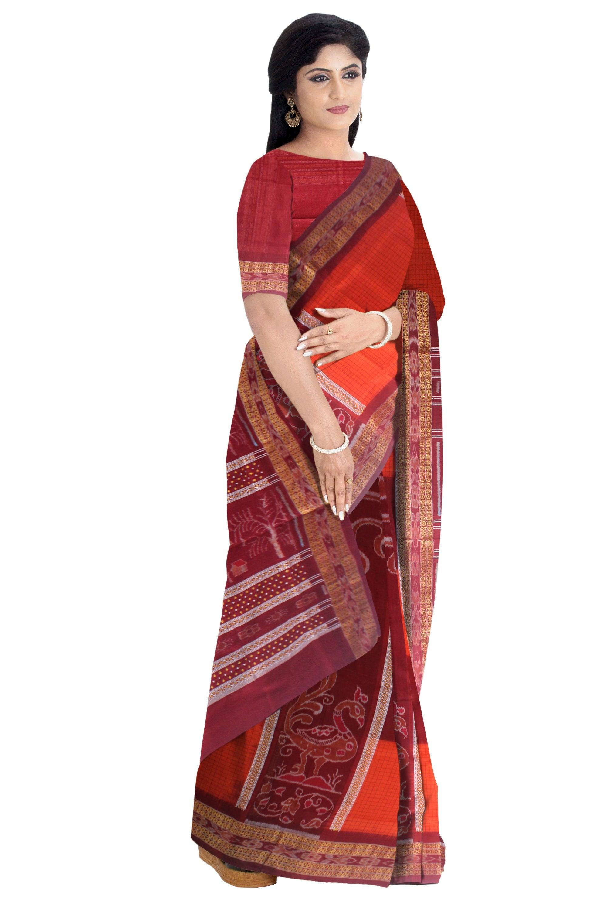 NEW COLLECTION PEACOCK DESIGN WITH BOOTY  PATTERN  COTTON SAREE IN MAROON AND RED COLOR, AVAILABLE WITH BLOUSE. - Koshali Arts & Crafts Enterprise