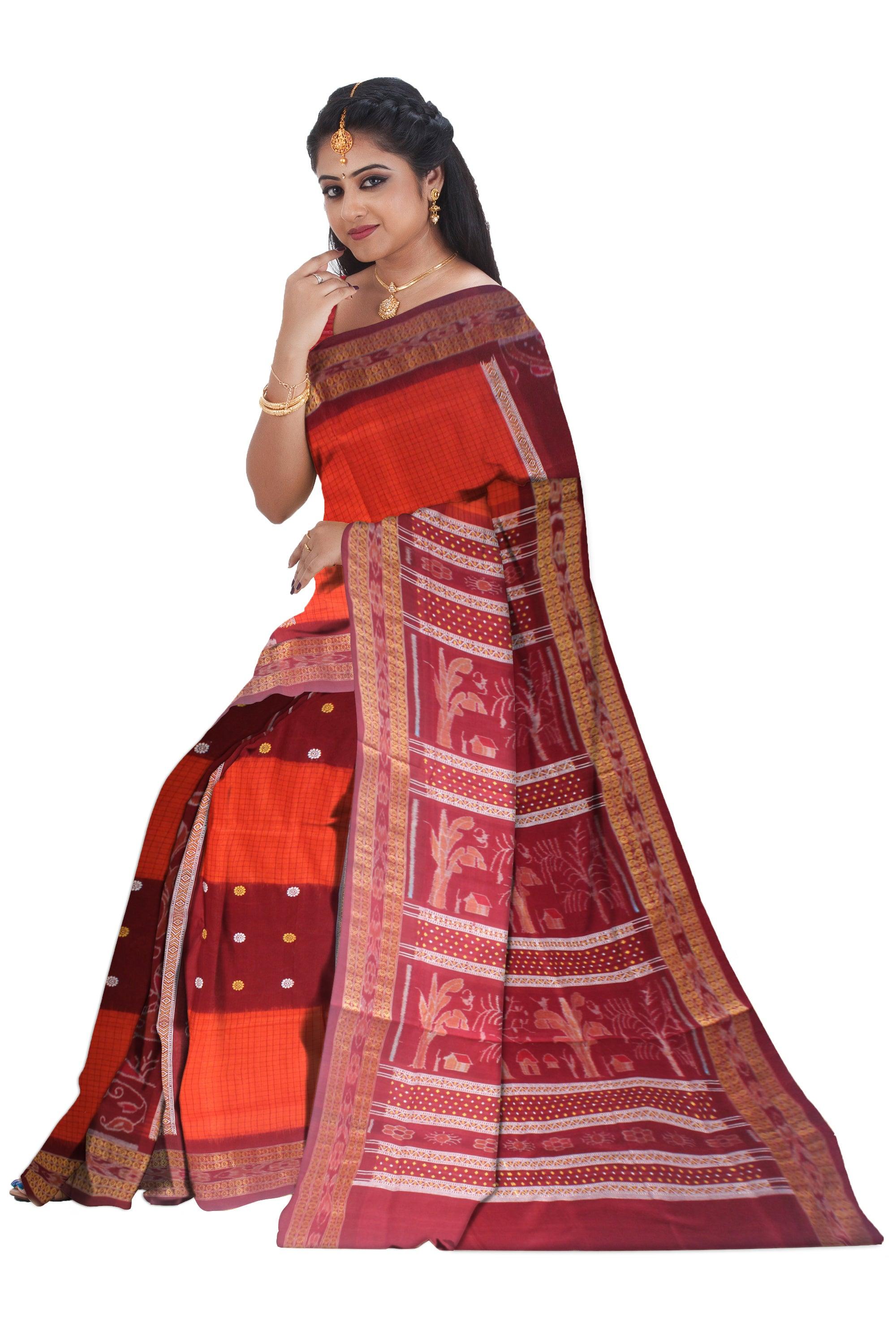 NEW COLLECTION PEACOCK DESIGN WITH BOOTY  PATTERN  COTTON SAREE IN MAROON AND RED COLOR, AVAILABLE WITH BLOUSE. - Koshali Arts & Crafts Enterprise