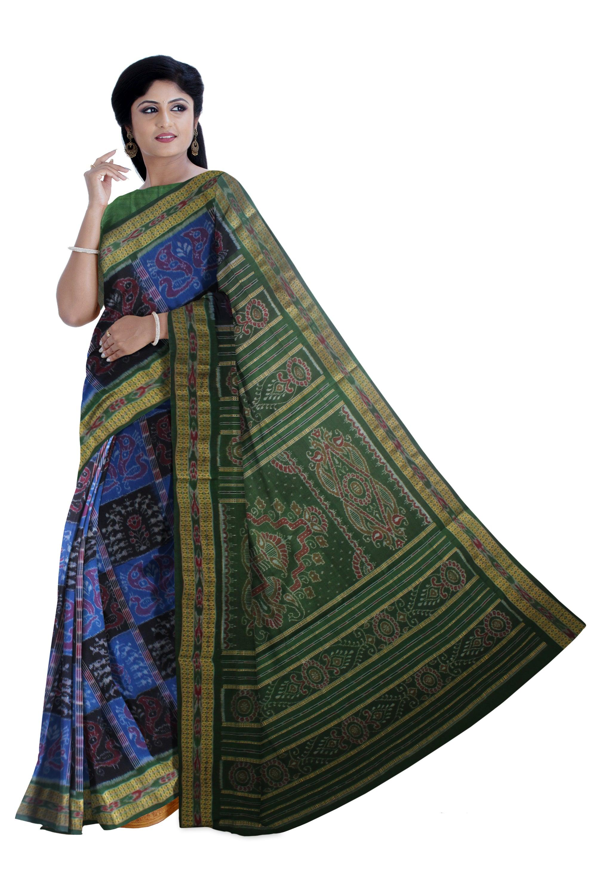 LATEST TERRACOTTA PEACOCK  DESIGN IN BLACK, BLUE AND GREEN COLOUR COTTON SAREE AVAILABLE WITH BLOUSE PIECE. - Koshali Arts & Crafts Enterprise