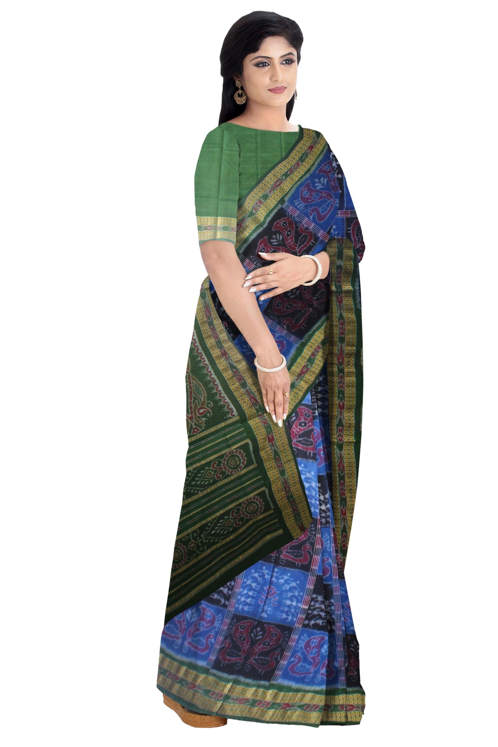LATEST TERRACOTTA PEACOCK  DESIGN IN BLACK, BLUE AND GREEN COLOUR COTTON SAREE AVAILABLE WITH BLOUSE PIECE. - Koshali Arts & Crafts Enterprise
