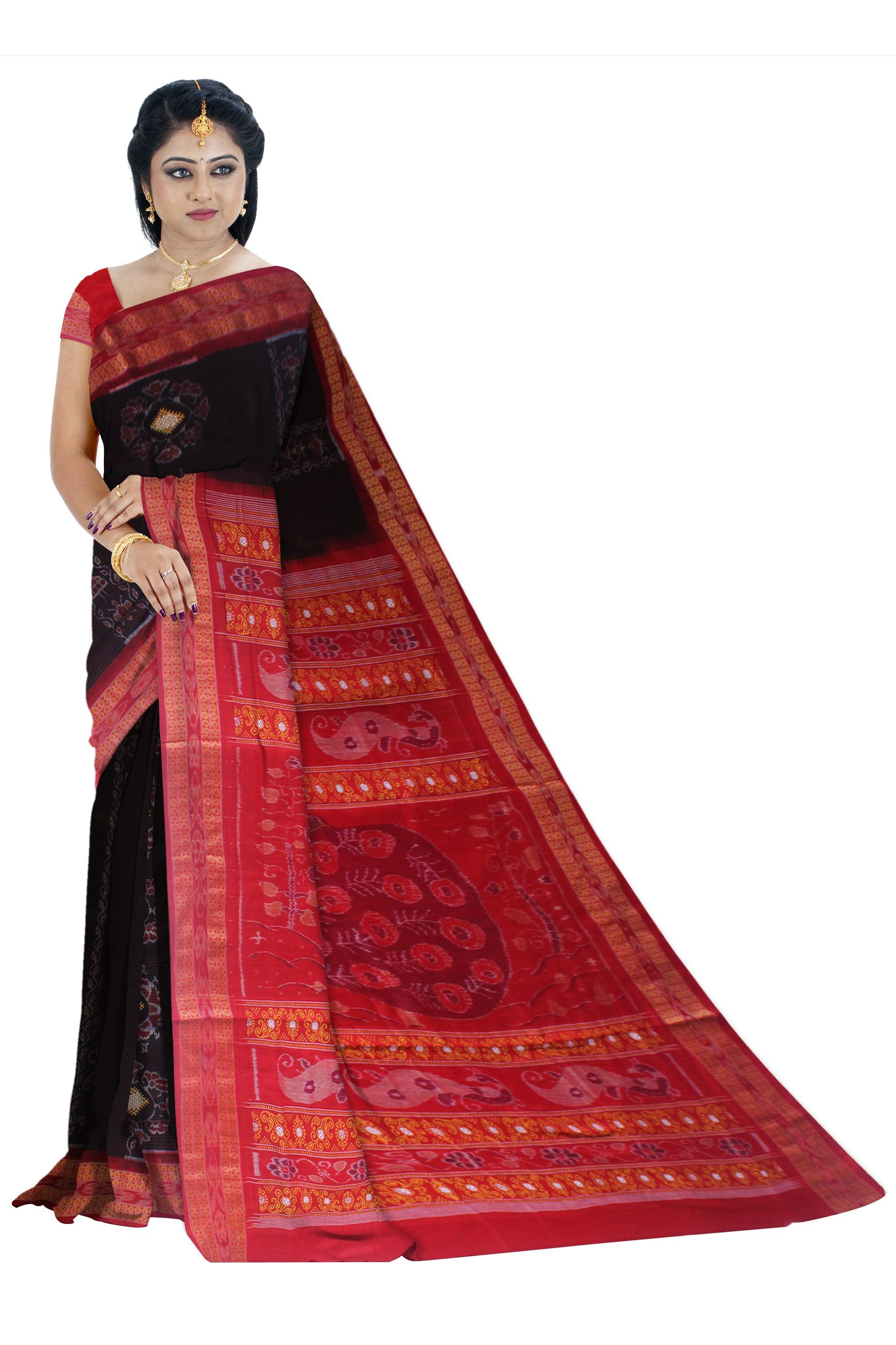 NEW DESIGN PEACOCK AND FLOWER BASED COTTON SAREE IN BLACK AND RED COLOR, AVAILABLE WITH BLOUSE. - Koshali Arts & Crafts Enterprise