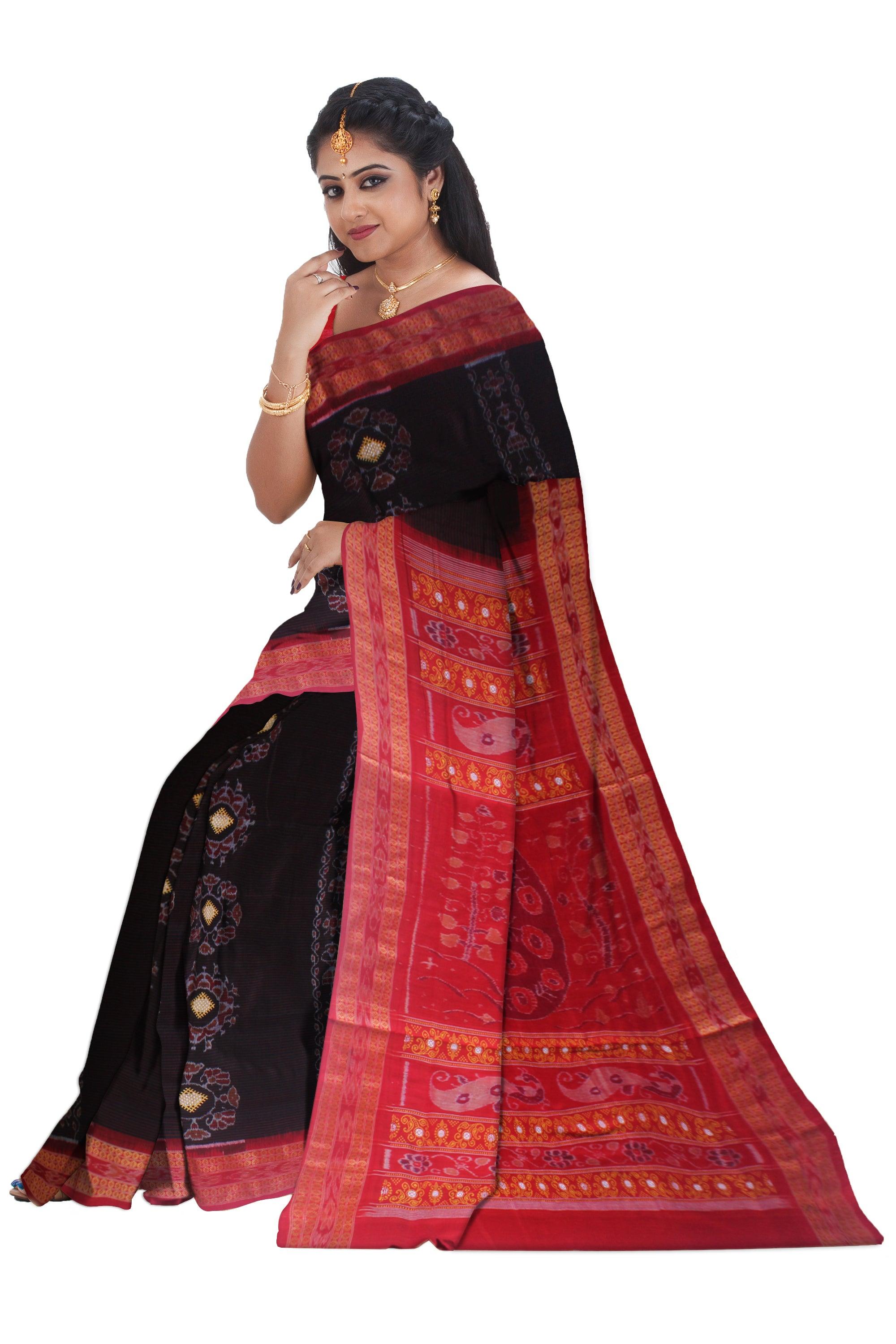 NEW DESIGN PEACOCK AND FLOWER BASED COTTON SAREE IN BLACK AND RED COLOR, AVAILABLE WITH BLOUSE. - Koshali Arts & Crafts Enterprise