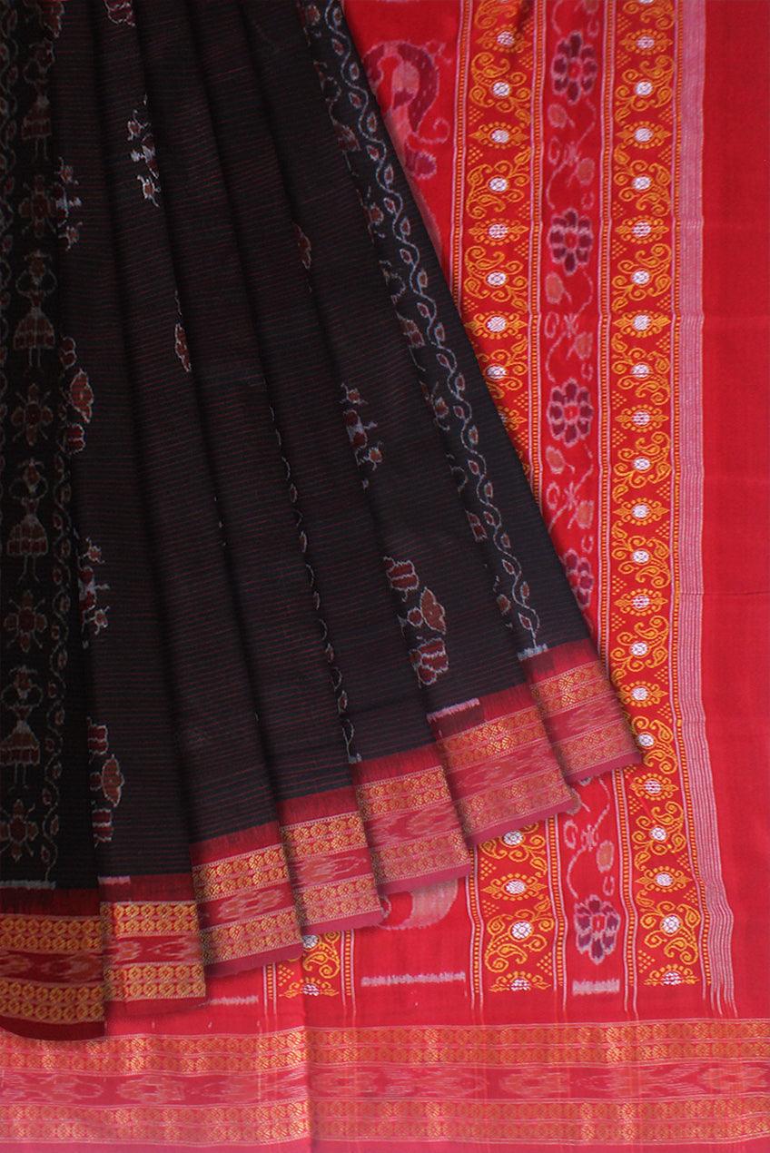 NEW DESIGN PEACOCK AND FLOWER BASED COTTON SAREE IN BLACK AND RED COLOR, AVAILABLE WITH BLOUSE. - Koshali Arts & Crafts Enterprise