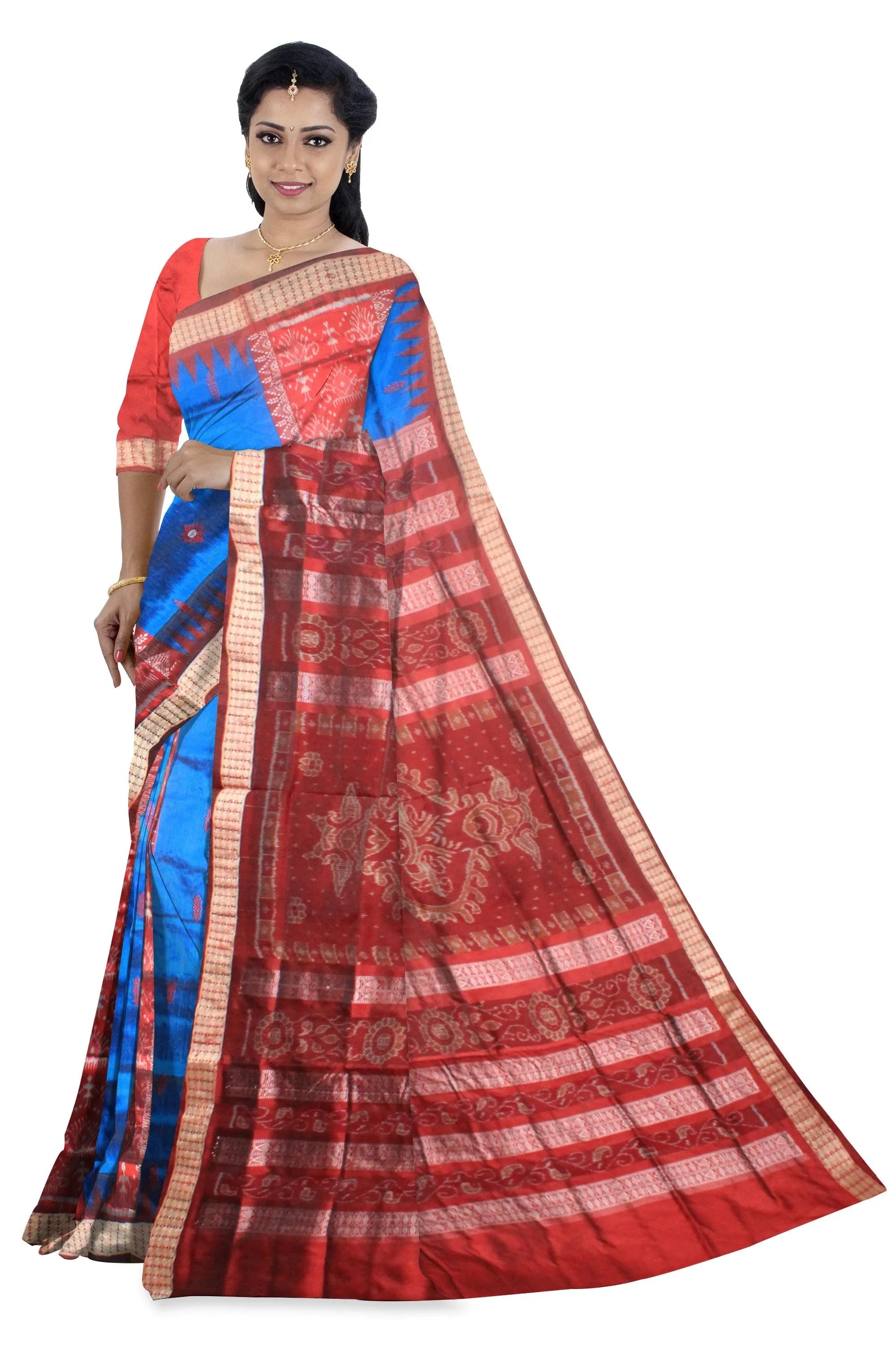 A sambalpuri saree in blue and coffee color base , with blouse piece. - Koshali Arts & Crafts Enterprise