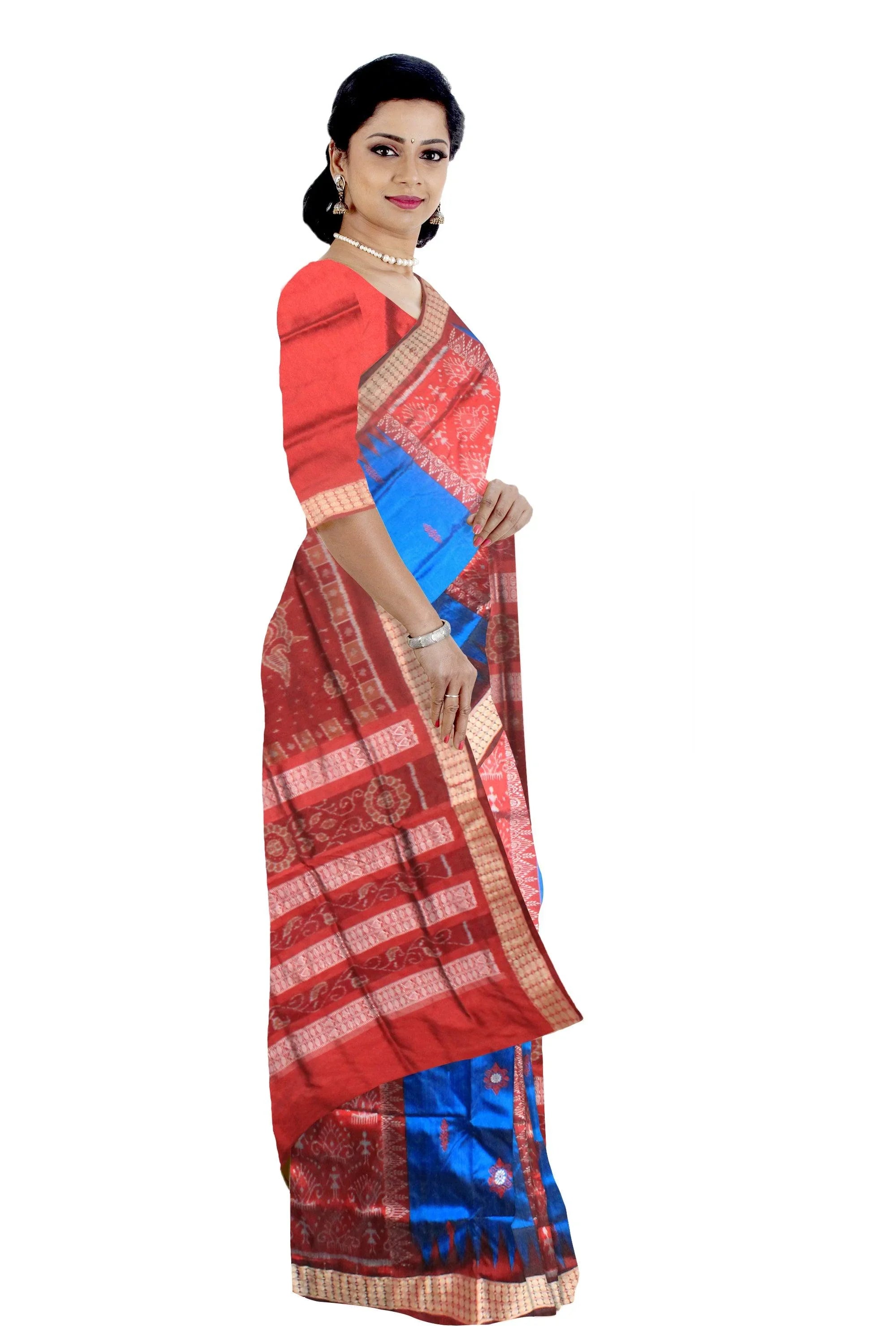 A sambalpuri saree in blue and coffee color base , with blouse piece. - Koshali Arts & Crafts Enterprise