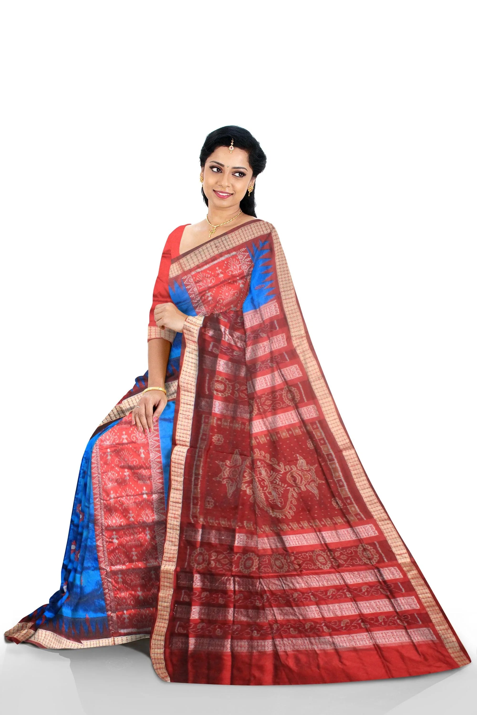 A sambalpuri saree in blue and coffee color base , with blouse piece. - Koshali Arts & Crafts Enterprise
