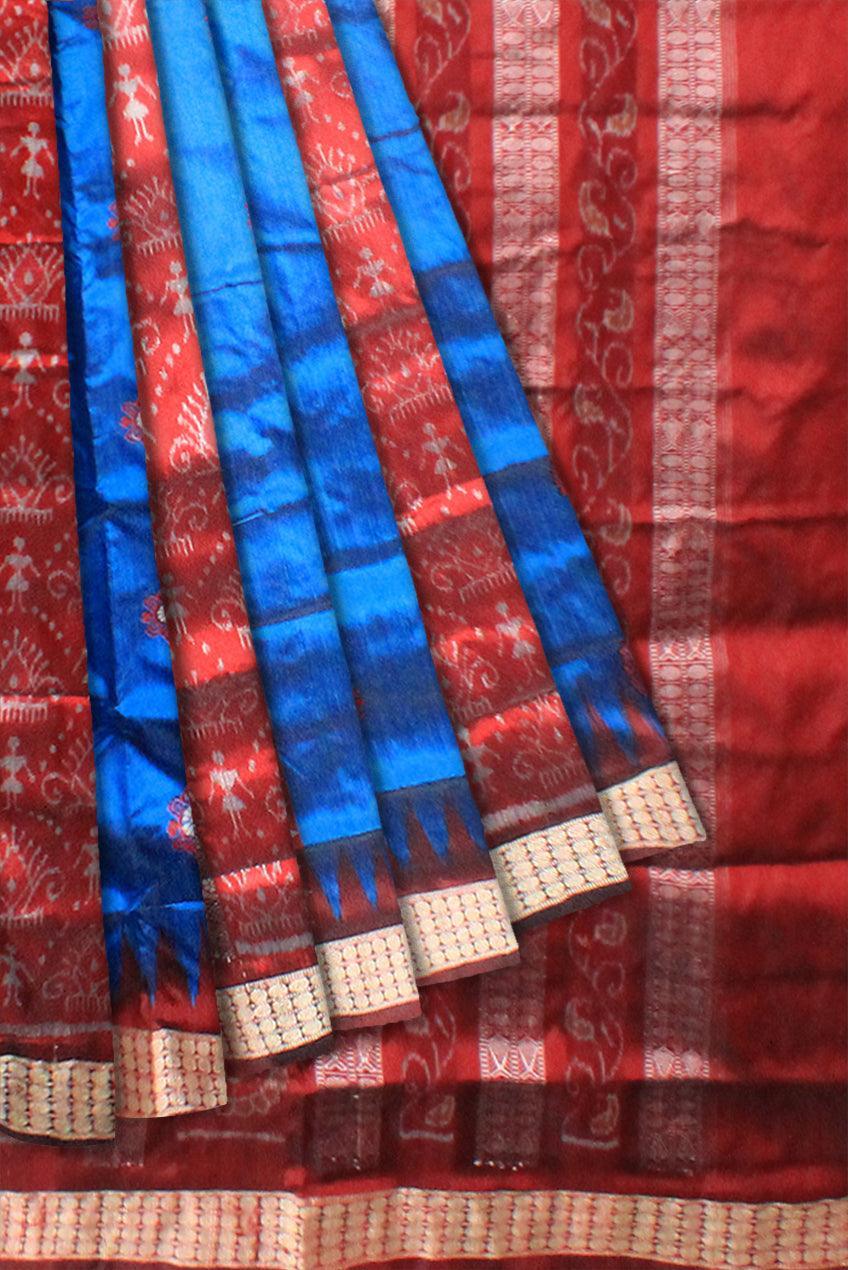 A sambalpuri saree in blue and coffee color base , with blouse piece. - Koshali Arts & Crafts Enterprise