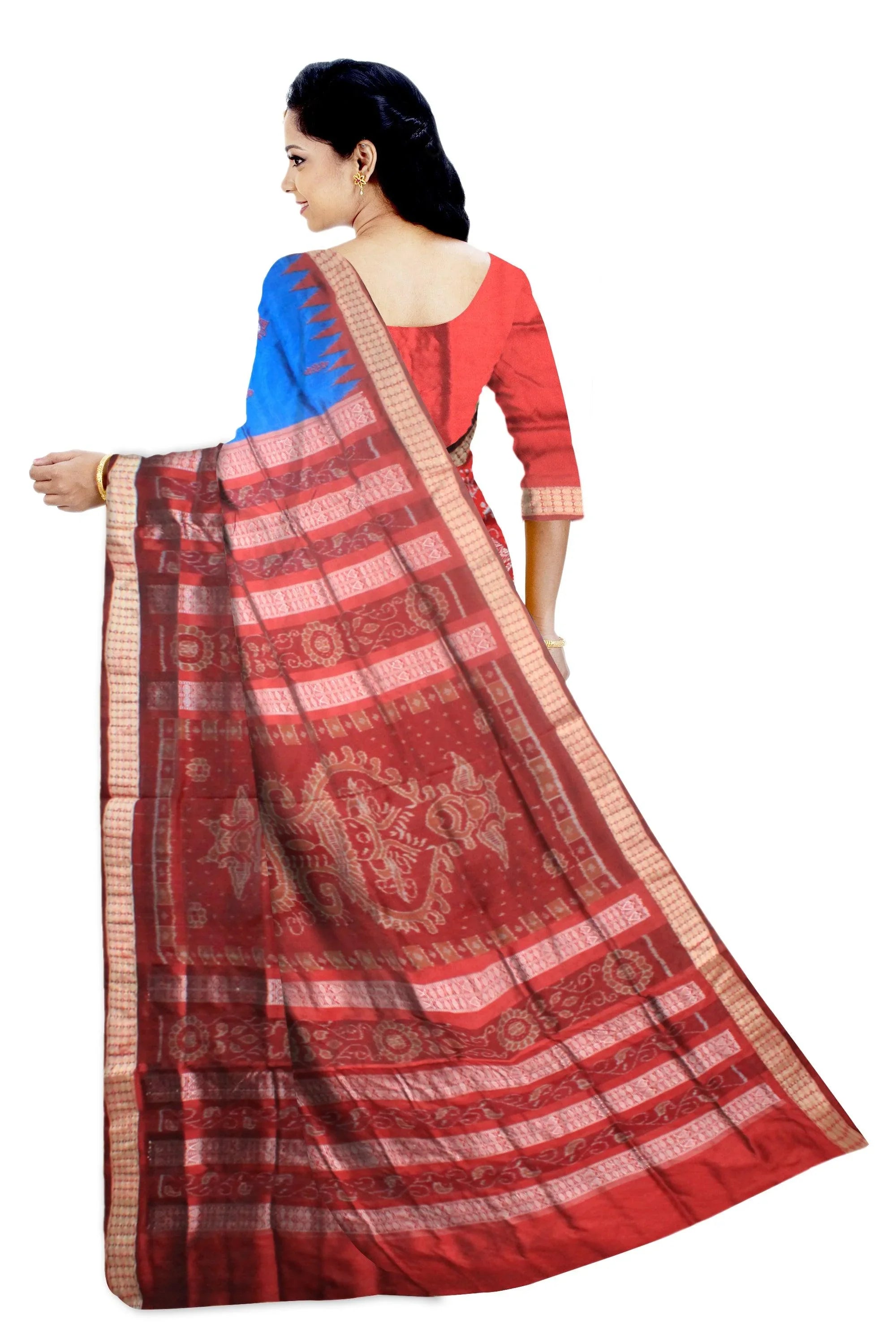 A sambalpuri saree in blue and coffee color base , with blouse piece. - Koshali Arts & Crafts Enterprise