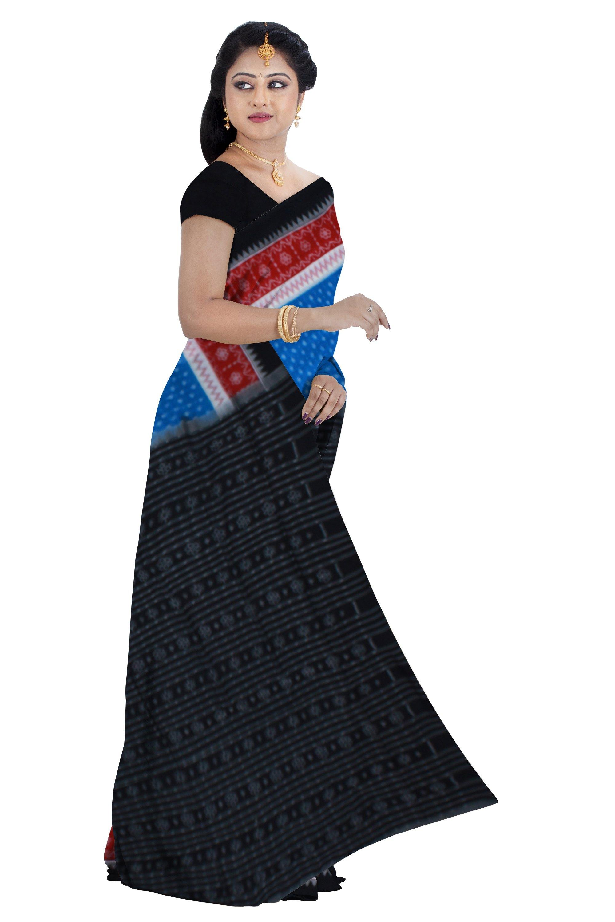 Sambalpuri butti pattern cotton saree in blue color with blouse piece - Koshali Arts & Crafts Enterprise