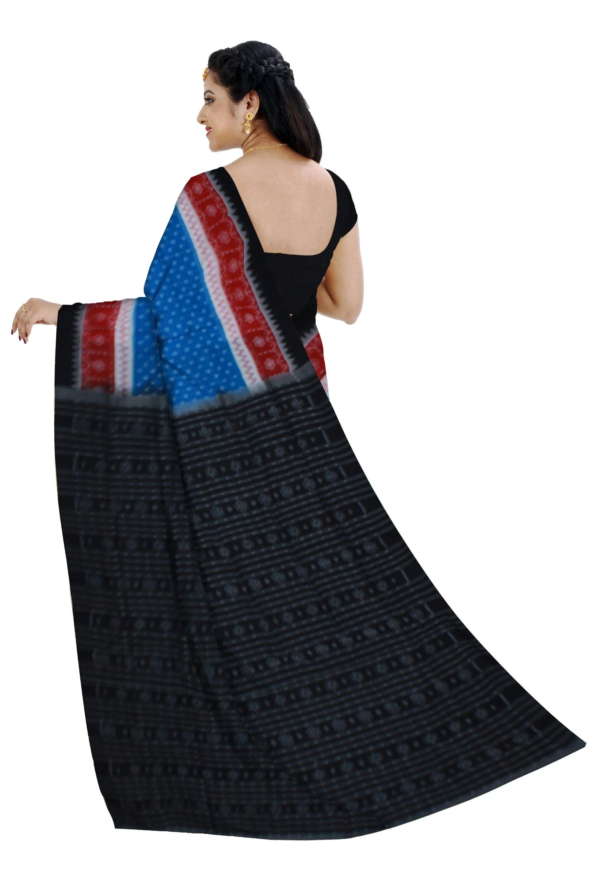 Sambalpuri butti pattern cotton saree in blue color with blouse piece - Koshali Arts & Crafts Enterprise
