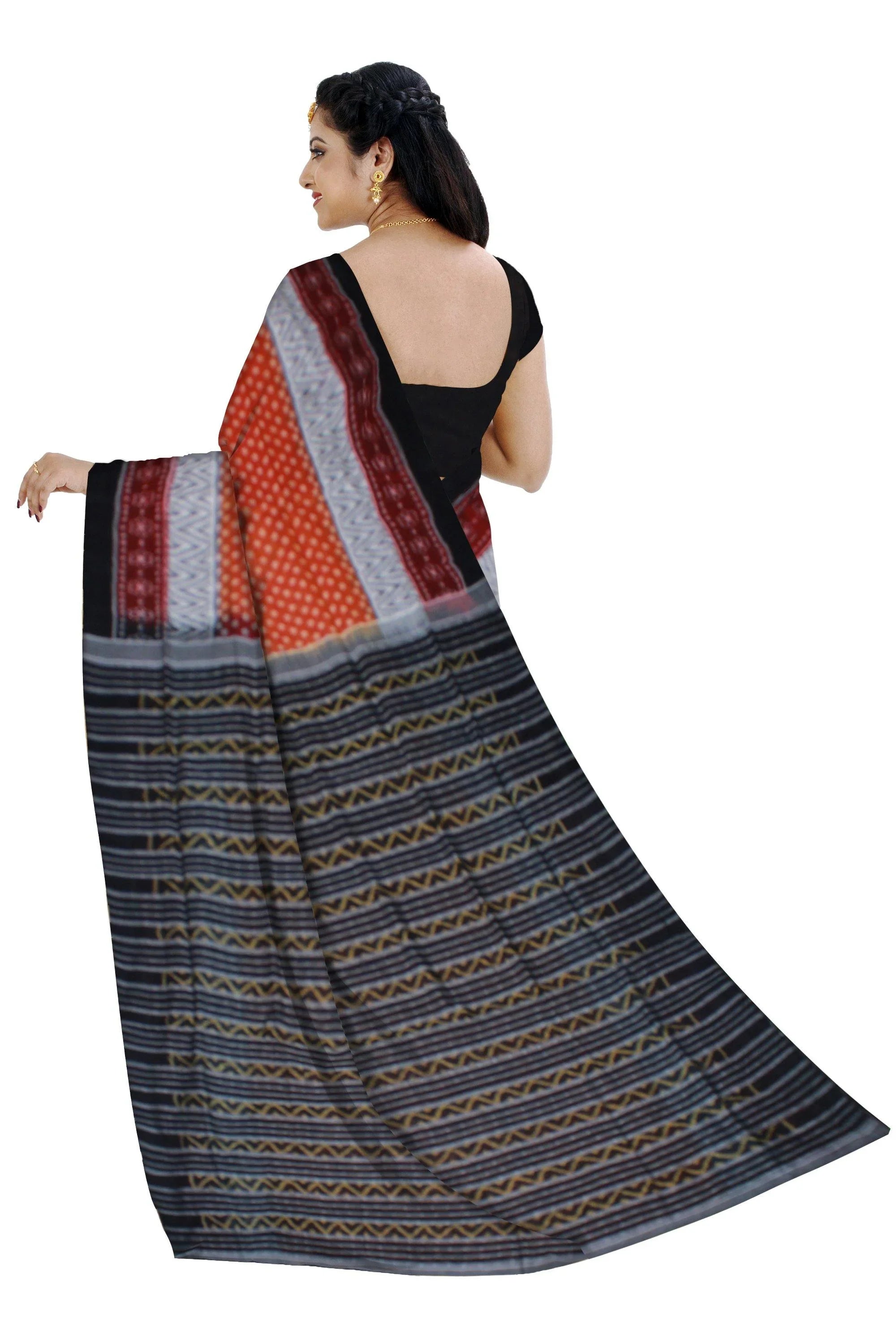 Sambalpuri butti pattern cotton saree in Orange color with blouse piece - Koshali Arts & Crafts Enterprise