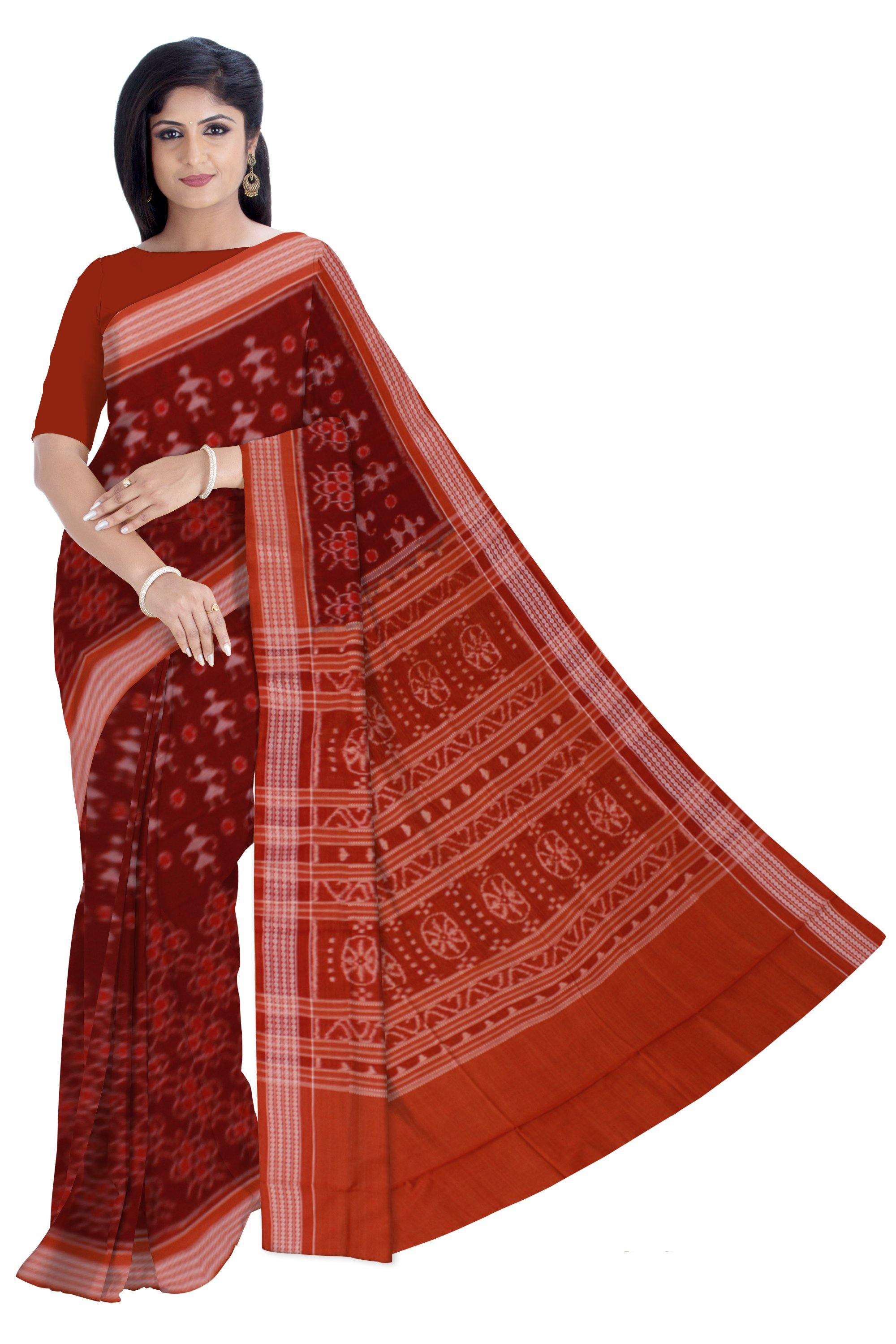 Maroon color Doll and flora print Sambalpuri IKAT saree without Blouse piece - Koshali Arts & Crafts Enterprise