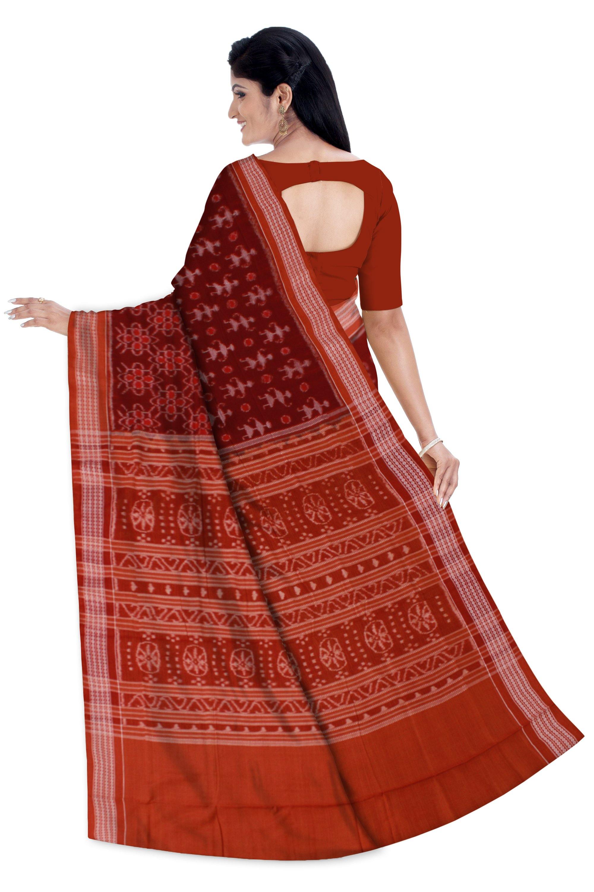 Maroon color Doll and flora print Sambalpuri IKAT saree without Blouse piece - Koshali Arts & Crafts Enterprise
