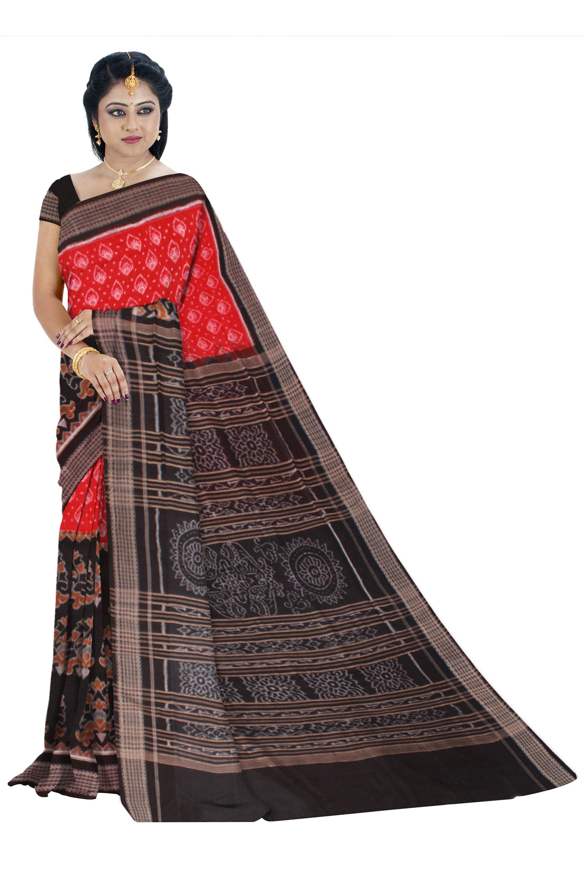 Sambalpuri IKAT saree in red and black mix with leaf design with blouse piece - Koshali Arts & Crafts Enterprise