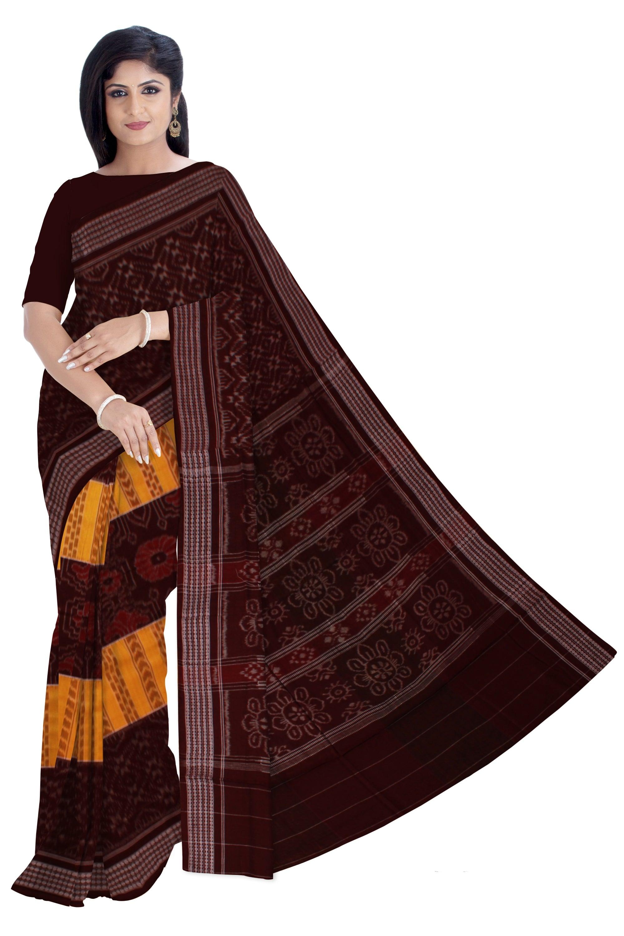 Yellow  and Brown Mix flora print cotton Sambalpuri saree without Blouse piece. - Koshali Arts & Crafts Enterprise