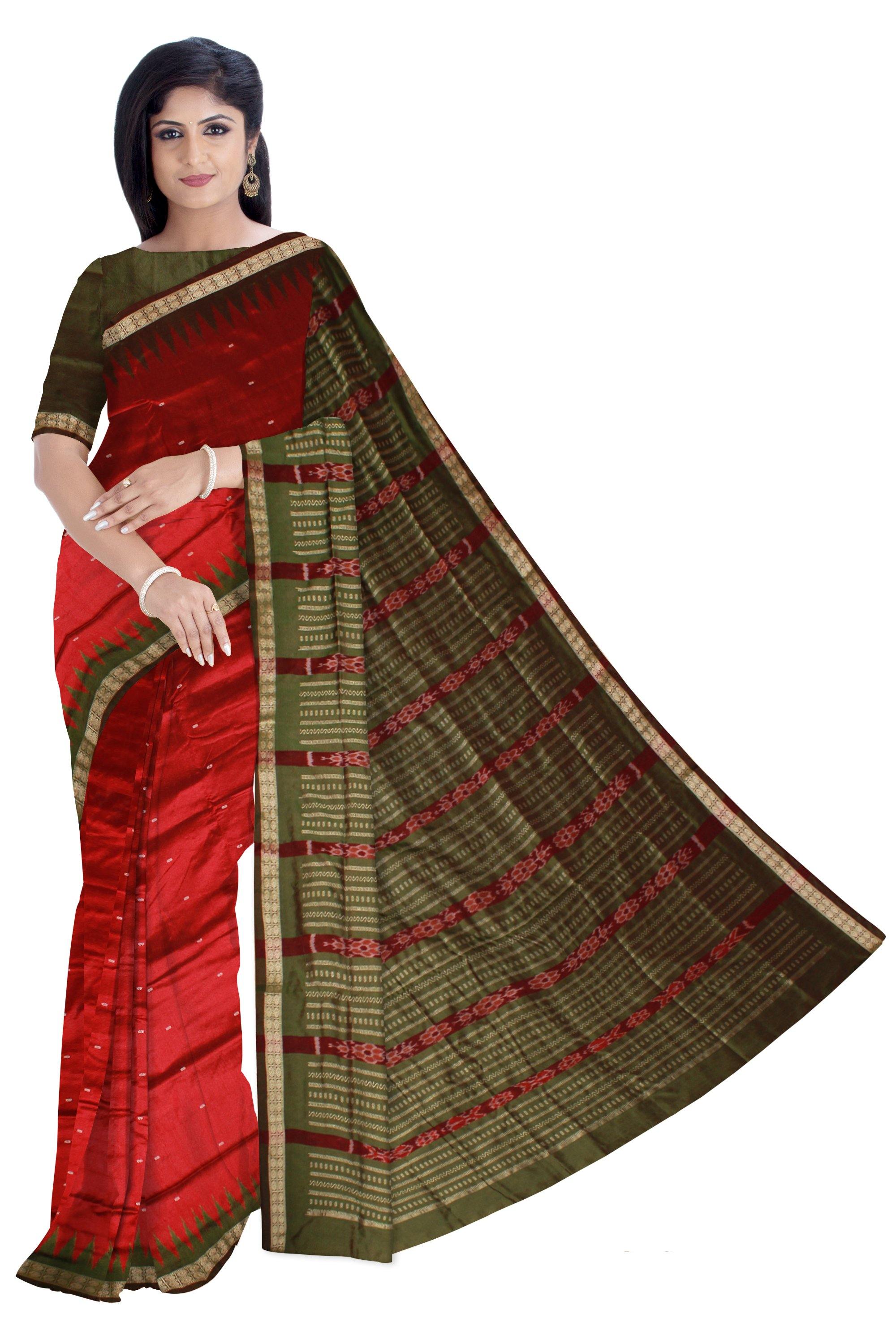 Red color pata with green border. Available with blouse piece - Koshali Arts & Crafts Enterprise