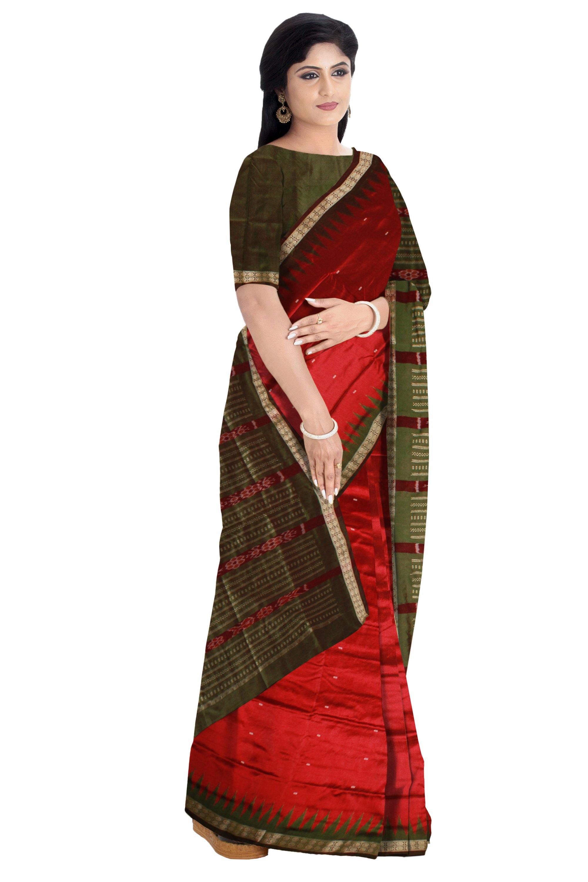 Red color pata with green border. Available with blouse piece - Koshali Arts & Crafts Enterprise