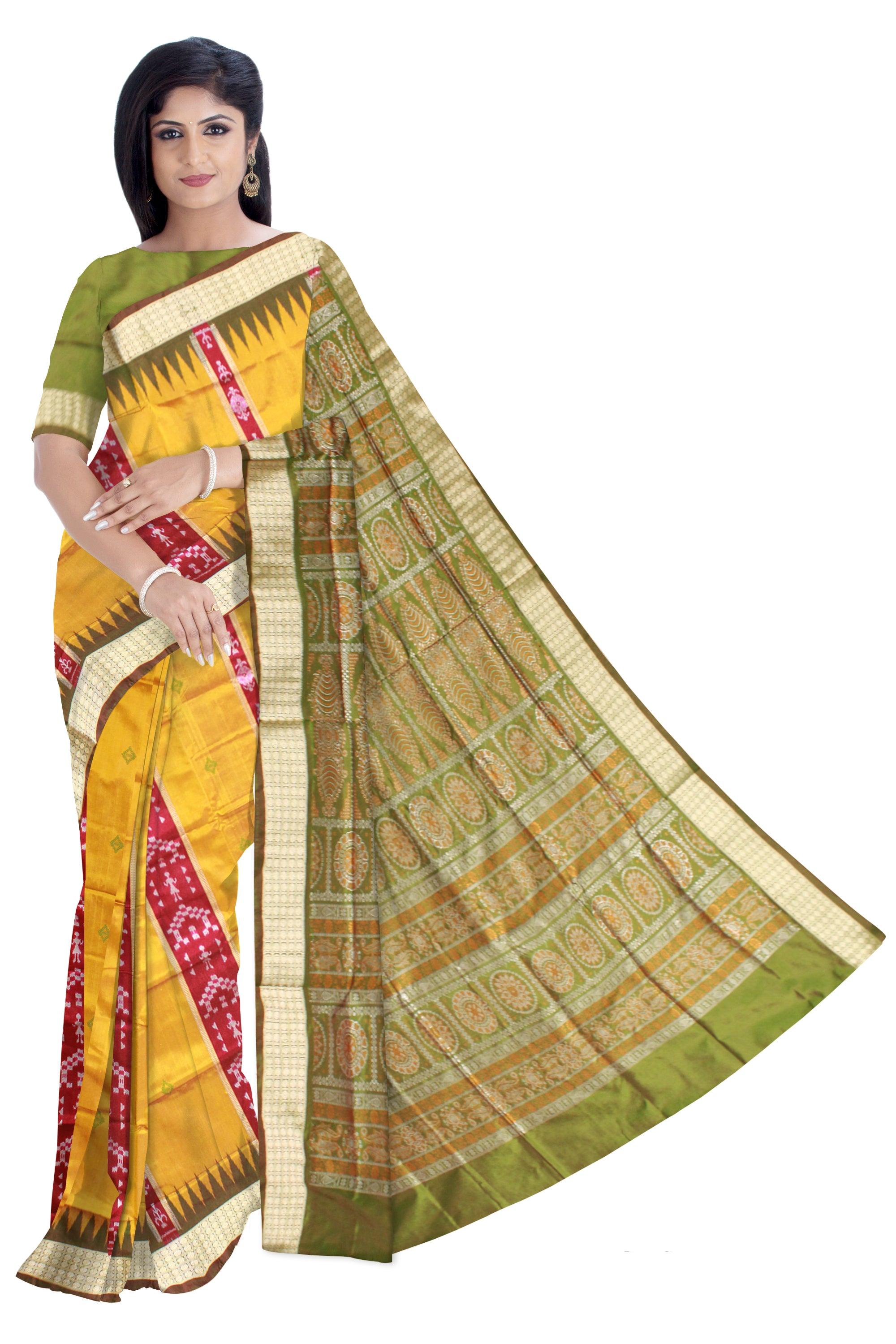 Yellow Color pata saree with green border. Available with blouse piece. - Koshali Arts & Crafts Enterprise