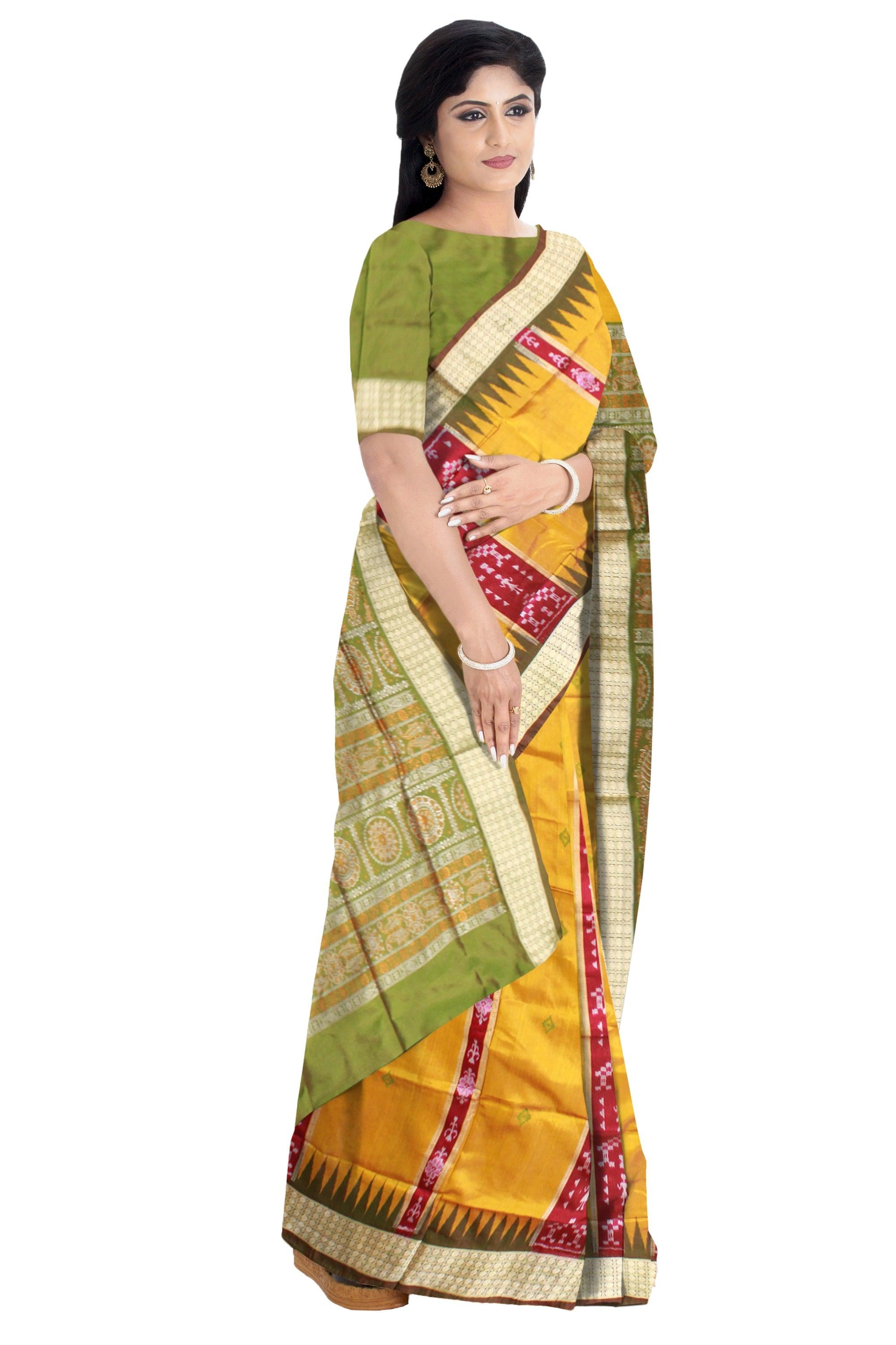 Yellow Color pata saree with green border. Available with blouse piece. - Koshali Arts & Crafts Enterprise