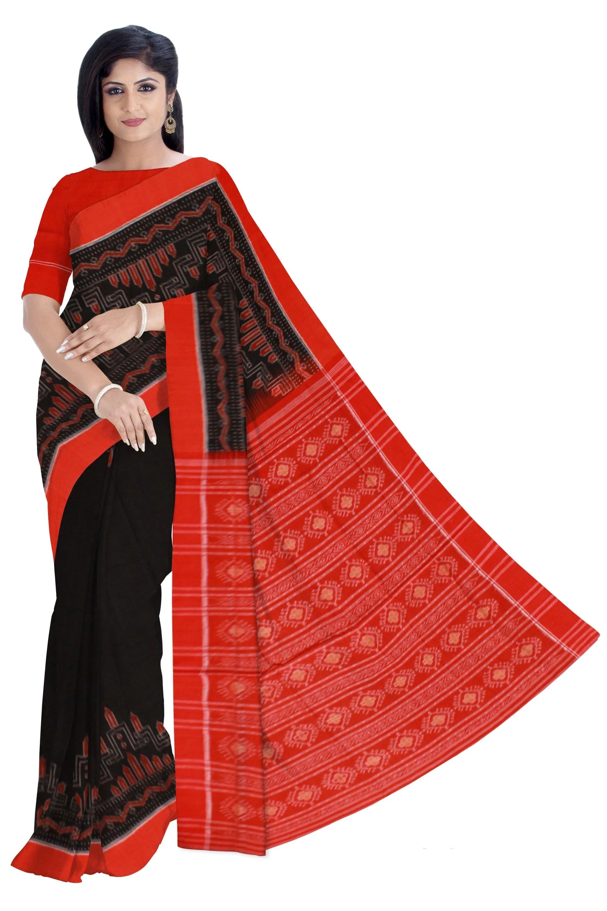 An authentic Sambalpuri Bandha Saree in black color and red pallu with blouse piece - Koshali Arts & Crafts Enterprise