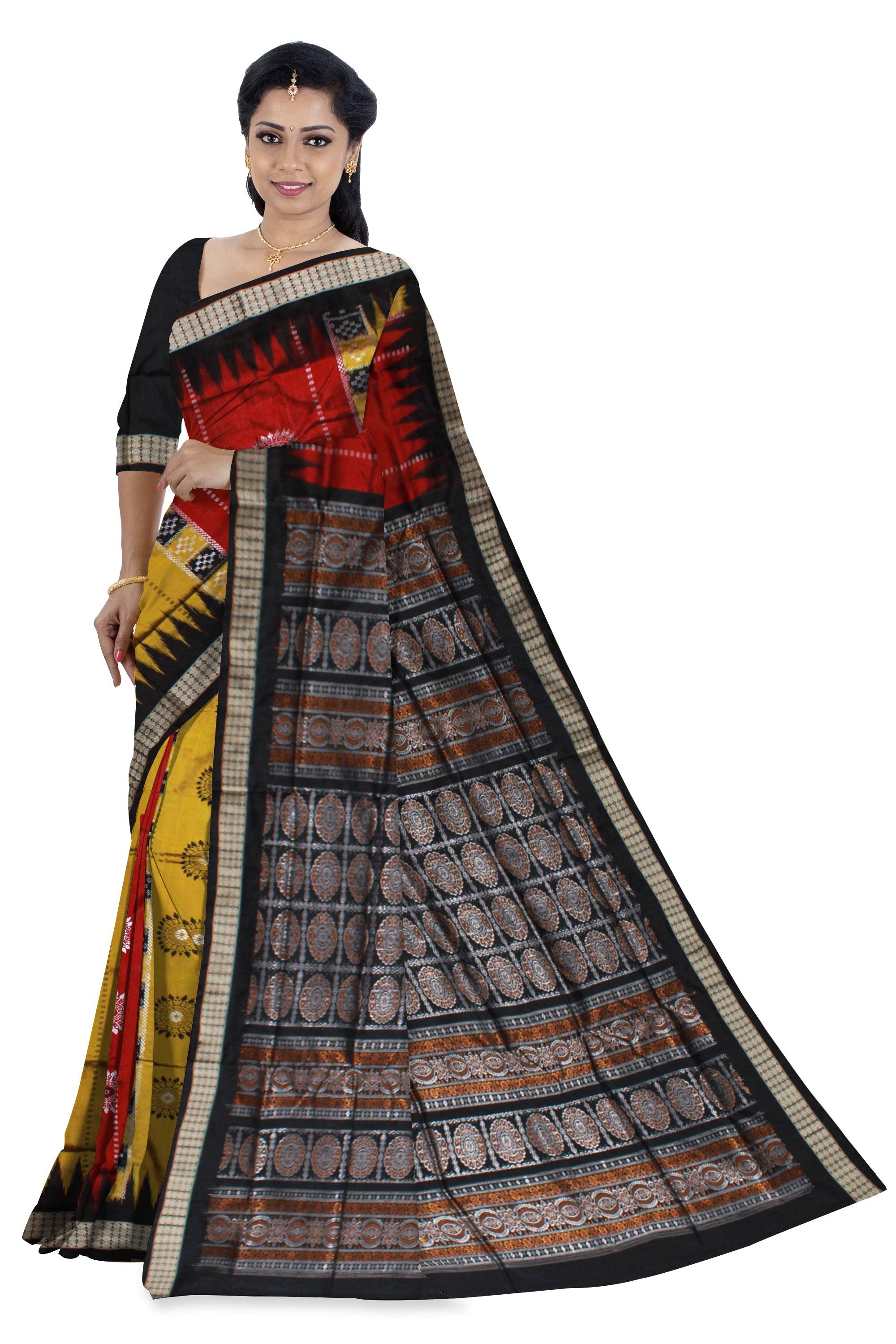 Yellow and maroon mix Sambalpuri pata saree with pasapali, and bomkei print in body - Koshali Arts & Crafts Enterprise