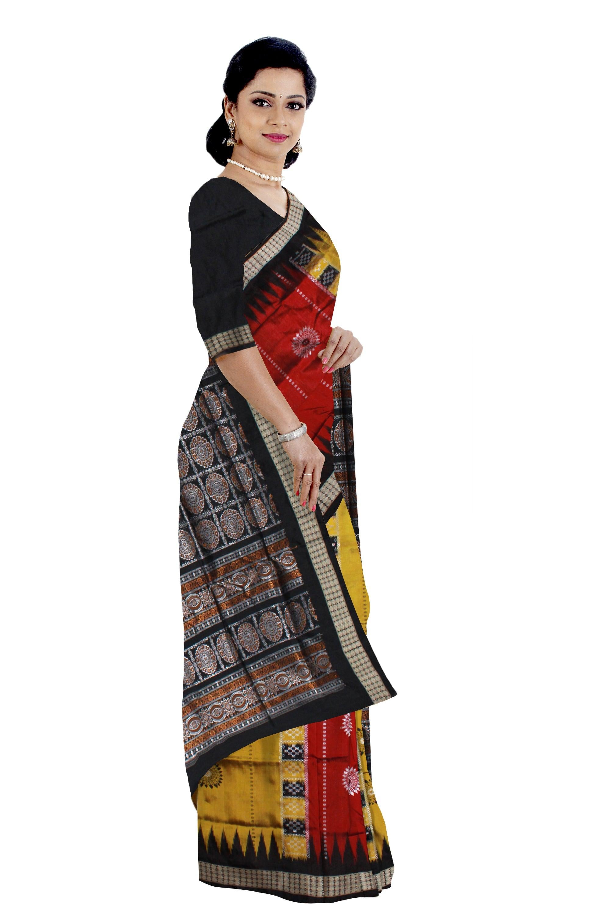 Yellow and maroon mix Sambalpuri pata saree with pasapali, and bomkei print in body - Koshali Arts & Crafts Enterprise