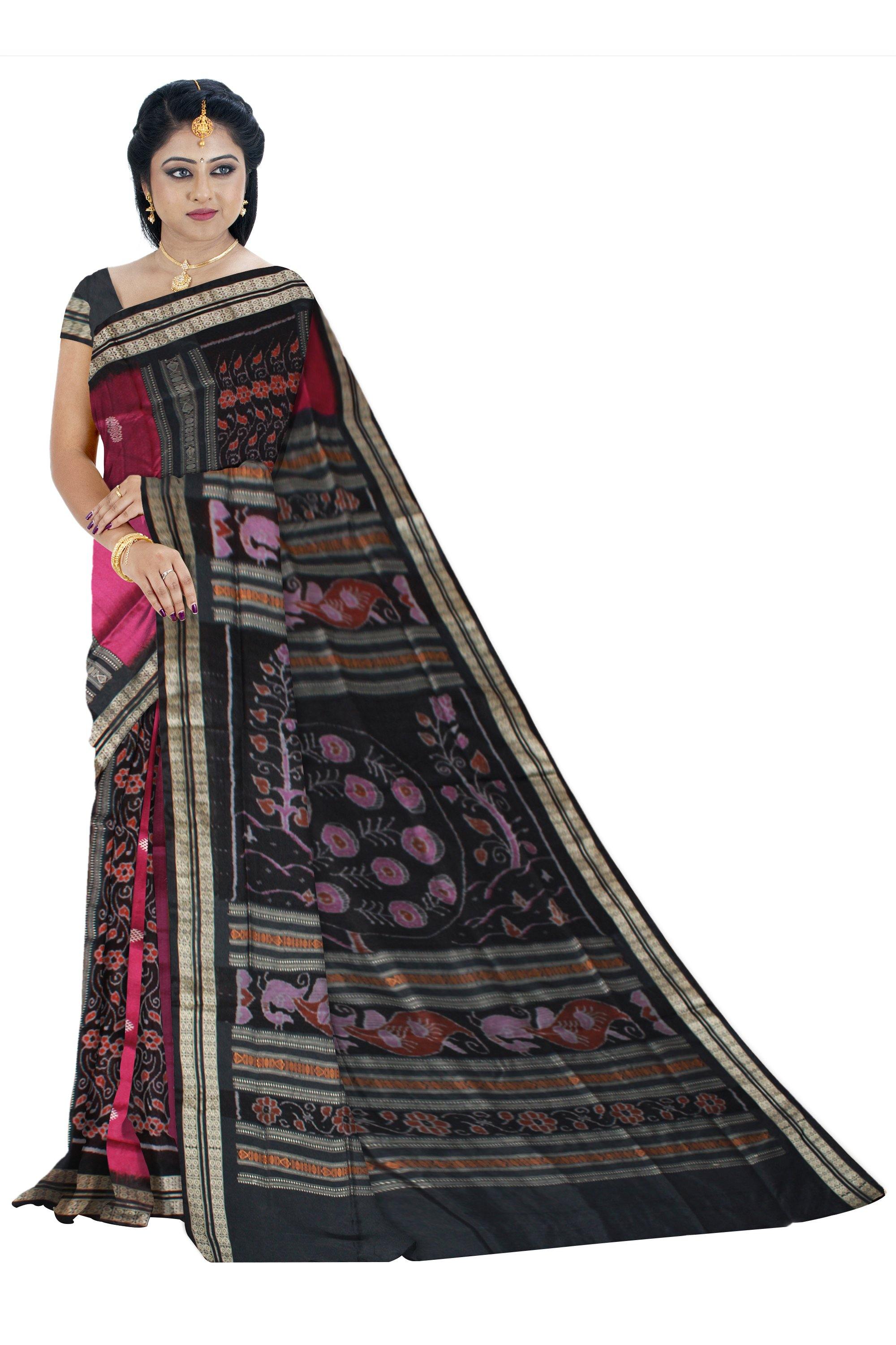 Exclusive pink and black mix pata saree with blouse piece - Koshali Arts & Crafts Enterprise